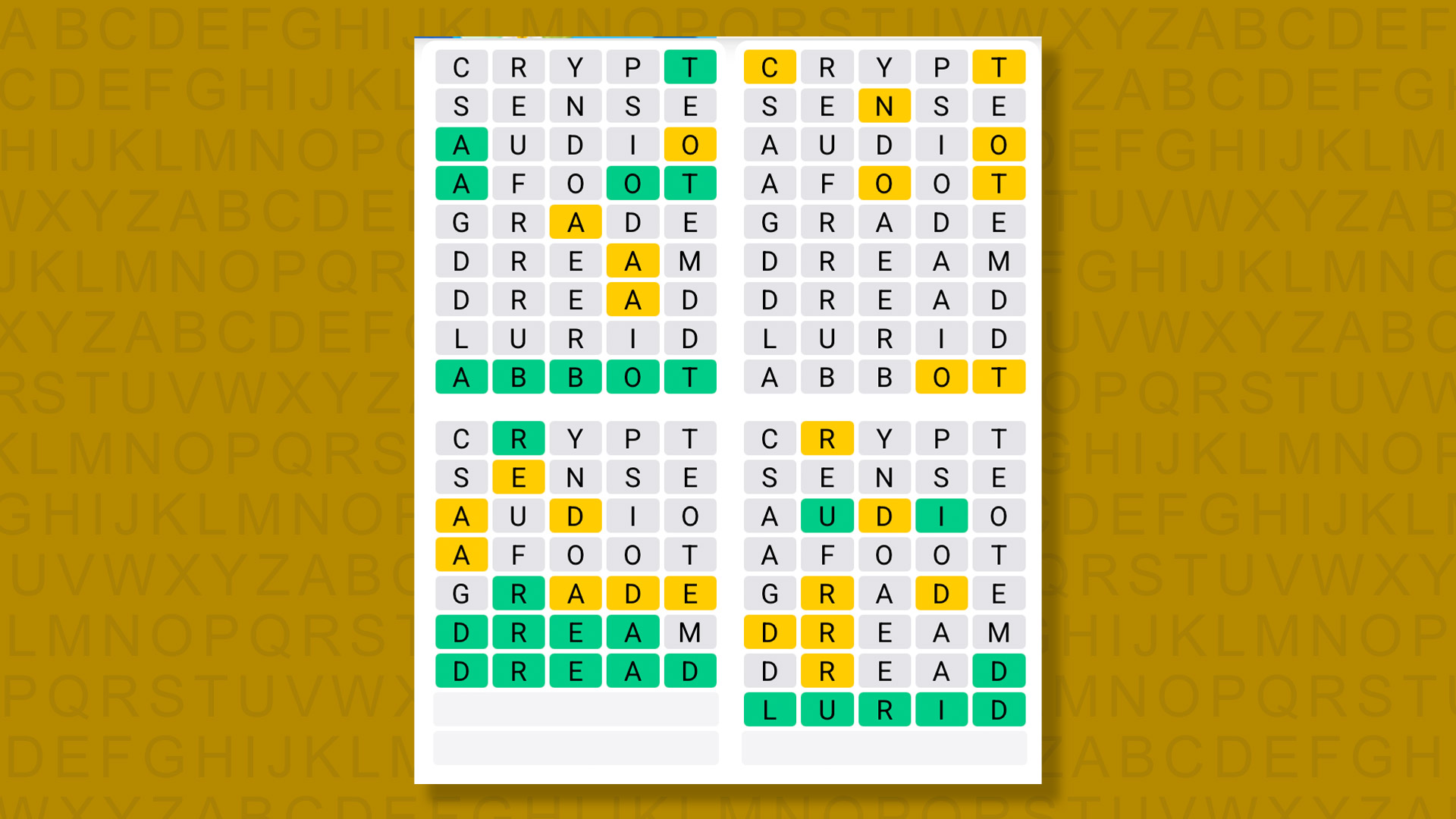 Quordle answers for the game 1609 on a yellow background