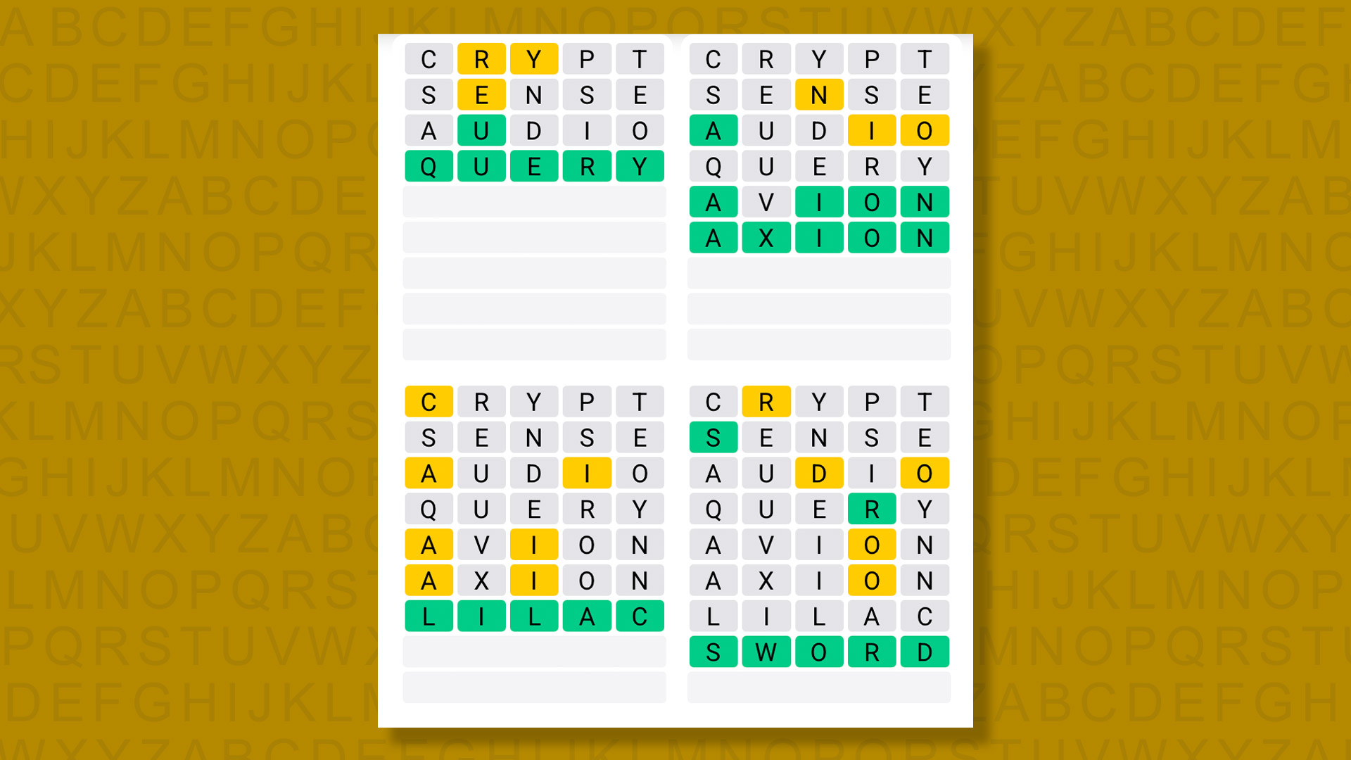 Quordle answers for the game 1595 on a yellow background