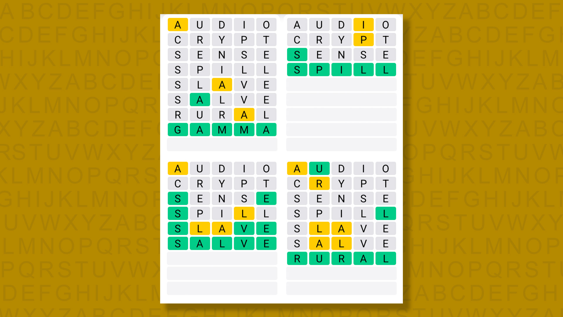 Quordle answers for the game 1599 on a yellow background
