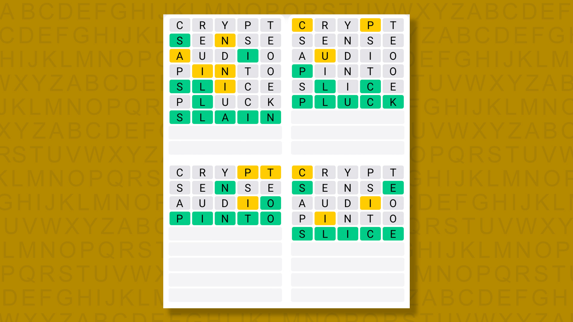 Quordle answers for the game 1604 on a yellow background