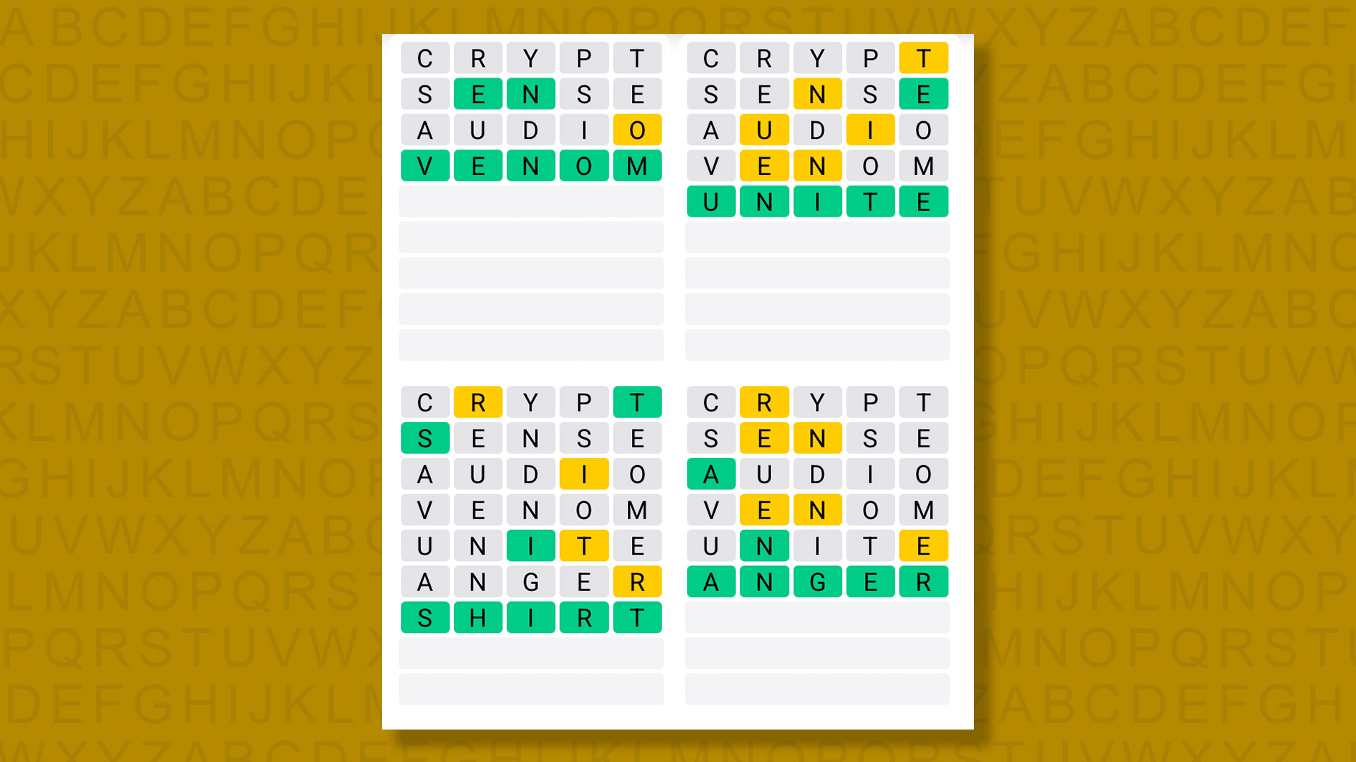 Quordle answers for the game 1597 on a yellow background