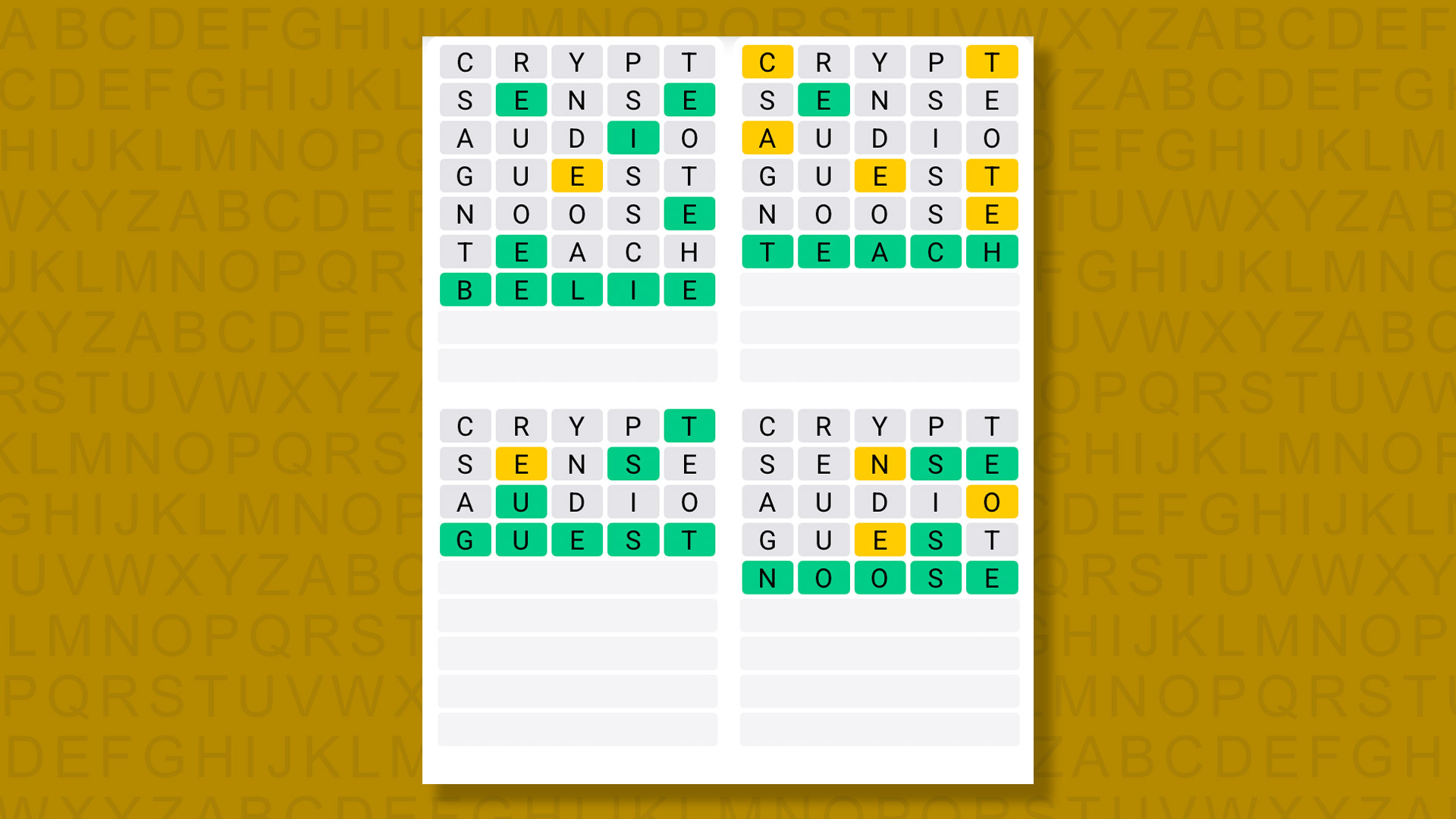 Quordle answers for the game 1598 on a yellow background