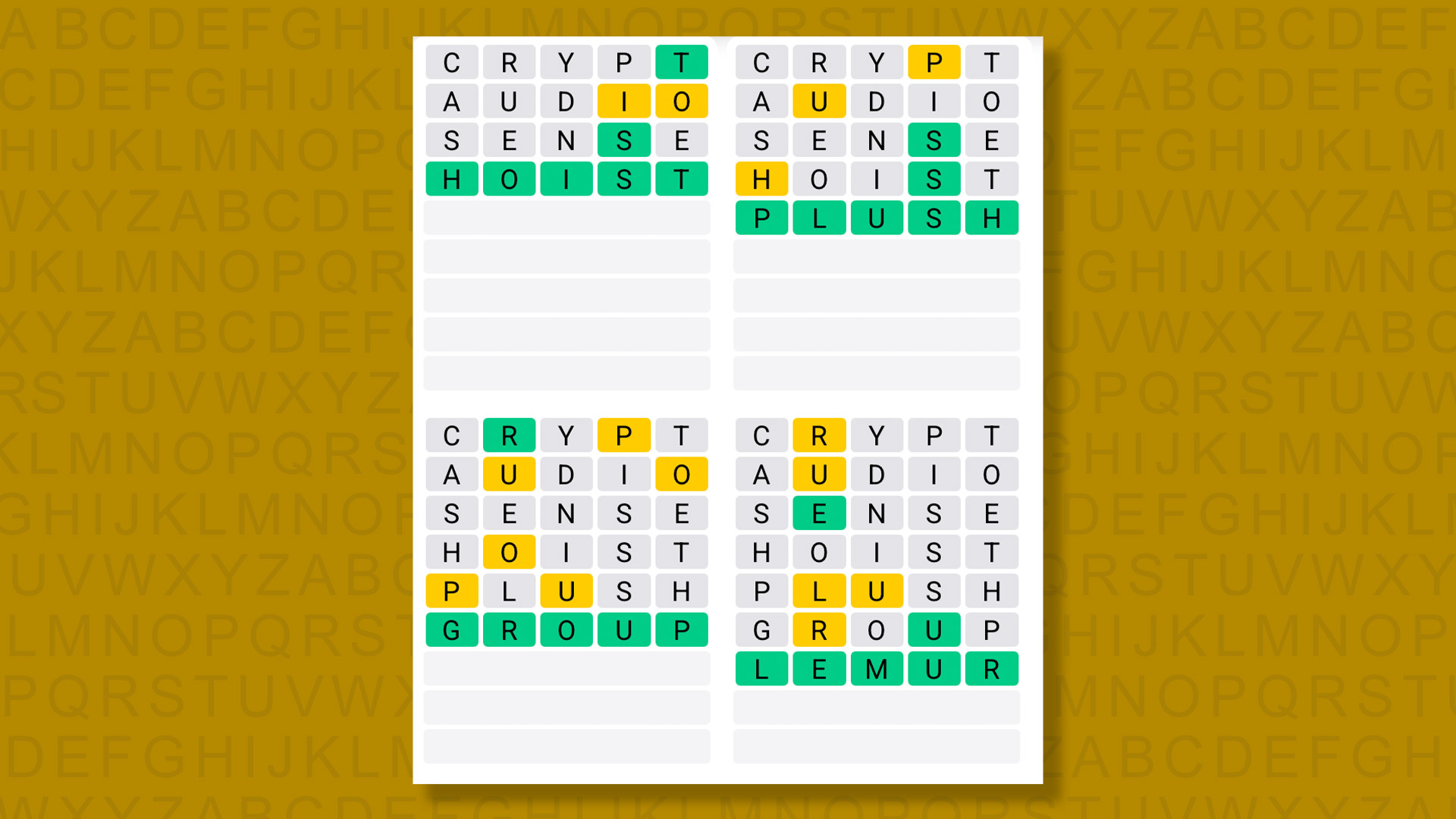 Quordle answers for the game 1605 on a yellow background