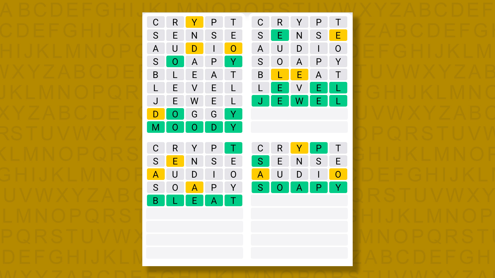 Quordle answers for the game 1591 on a yellow background