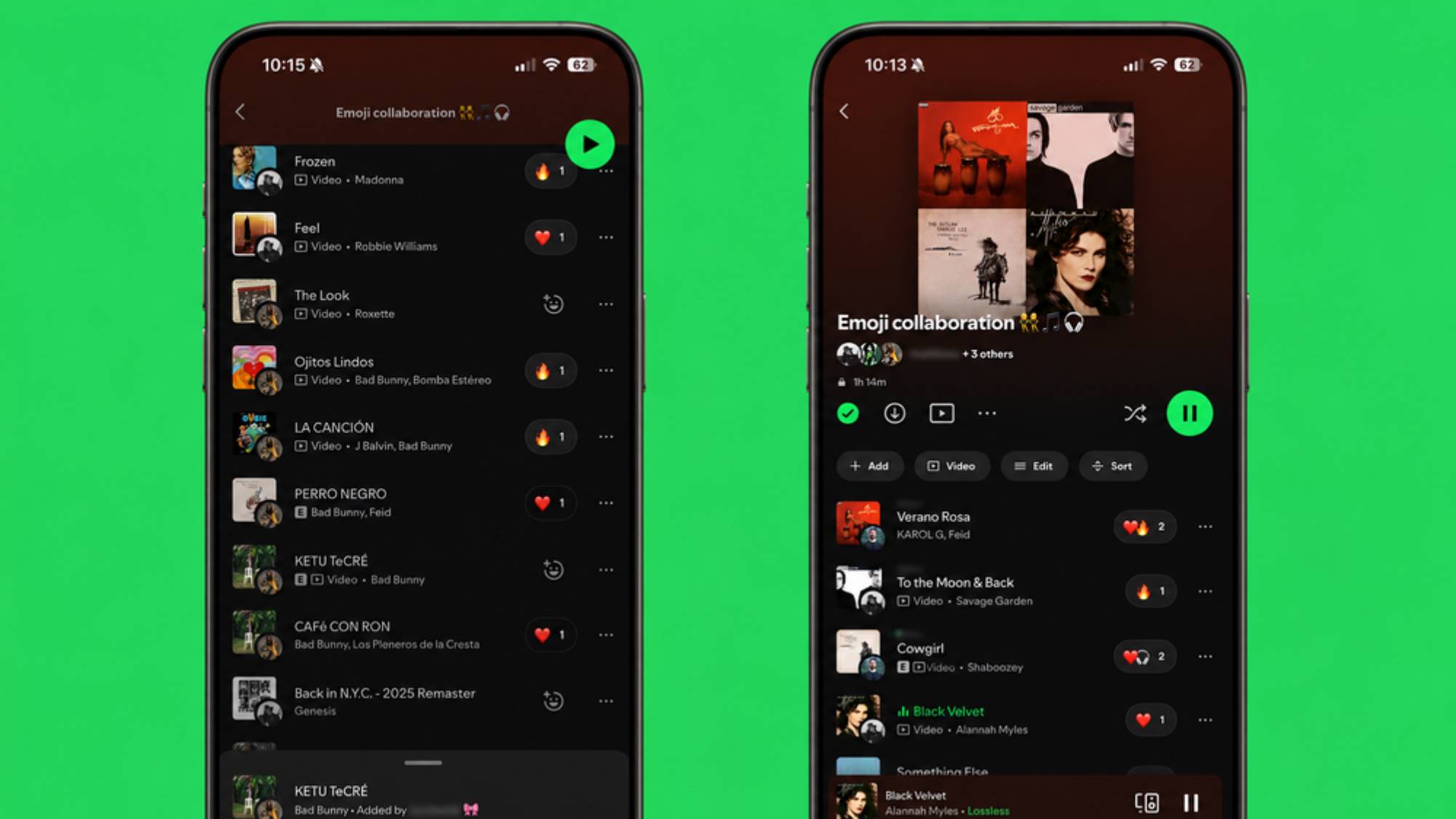 Smartphones showing reactions to tracks in collaborative Spotify playlists