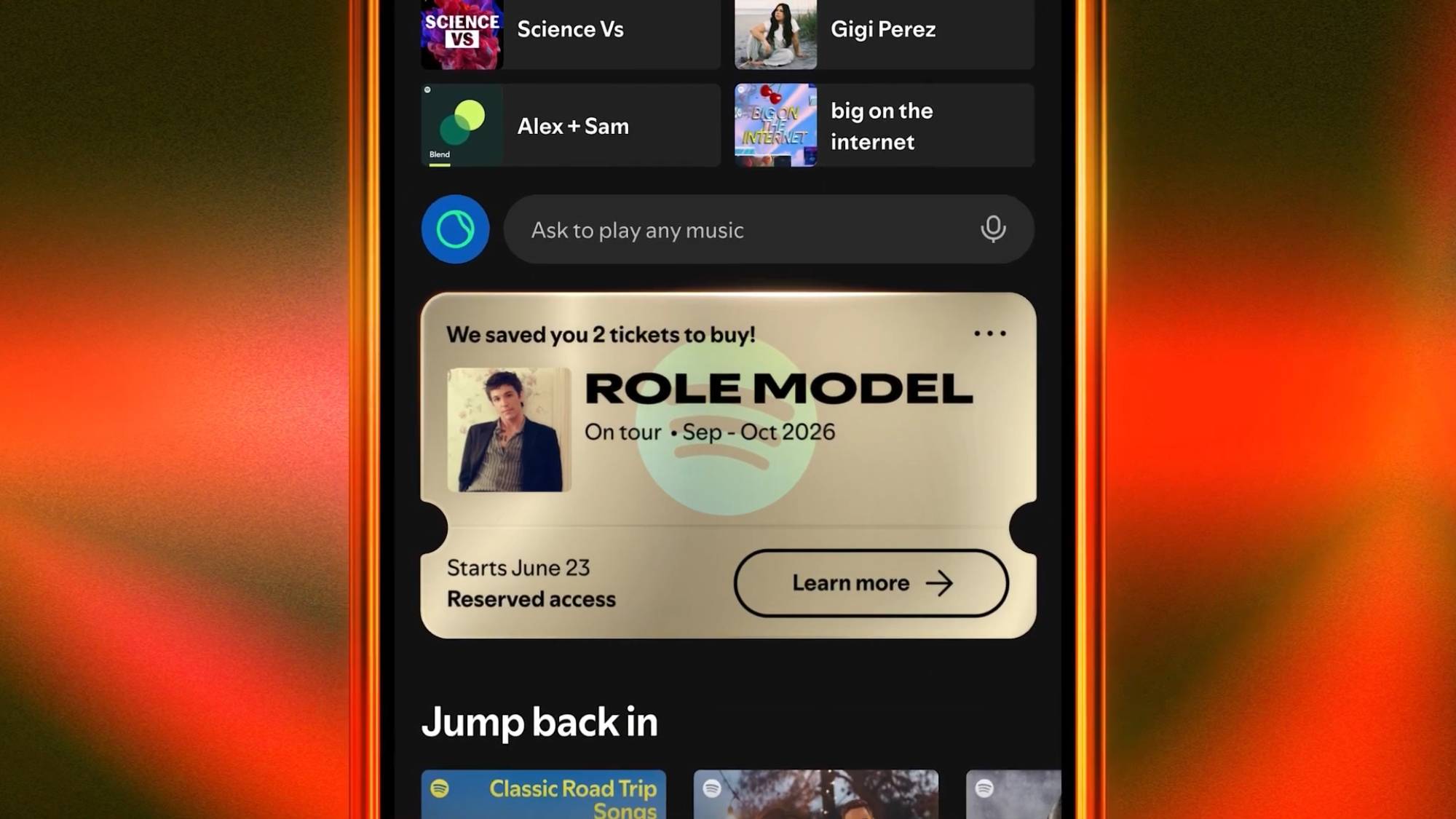 A smartphone with Spotify's Reserved tool showing entries for ROLE MODEL