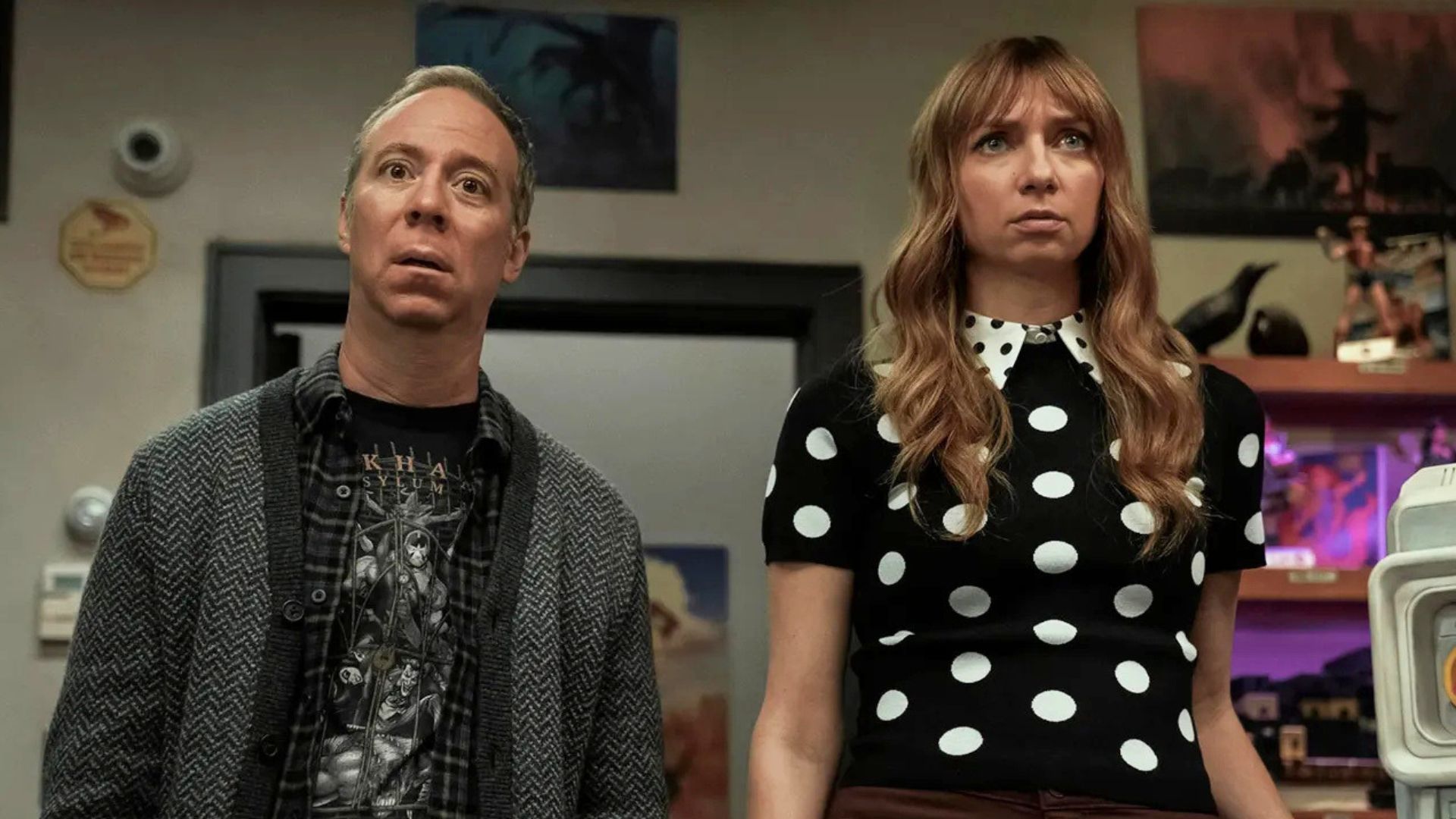 Stuart and Denise look worried.