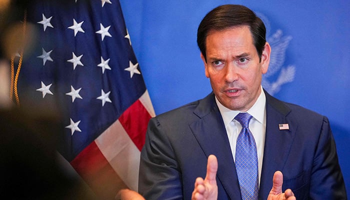 US Secretary of State Marco Rubio speaks to members of the media before departing Bahrain International Airport following his visit to the Middle East to discuss the US-Iran interim deal with Arab Gulf allies, in Manama on June 25, 2026. – AFP