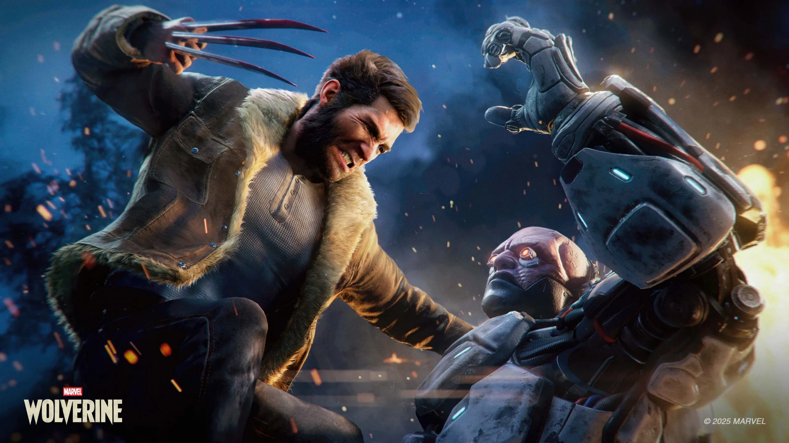 Wolverine fights a cyborg enemy while sparks fly in the background.