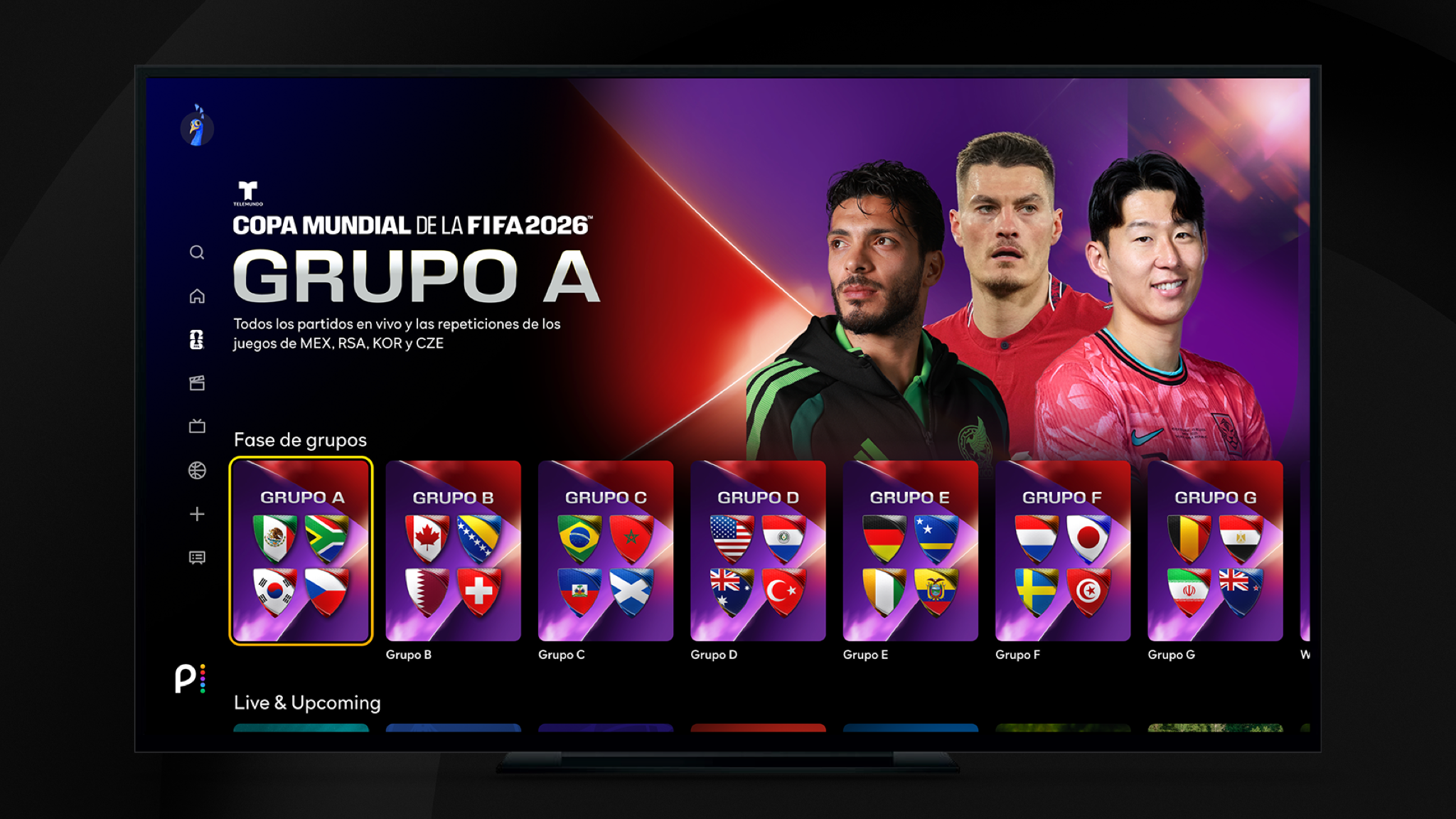 Image showing the Peacock TV app with the main image and thumbnails of Telemundo's 2026 World Cup coverage.