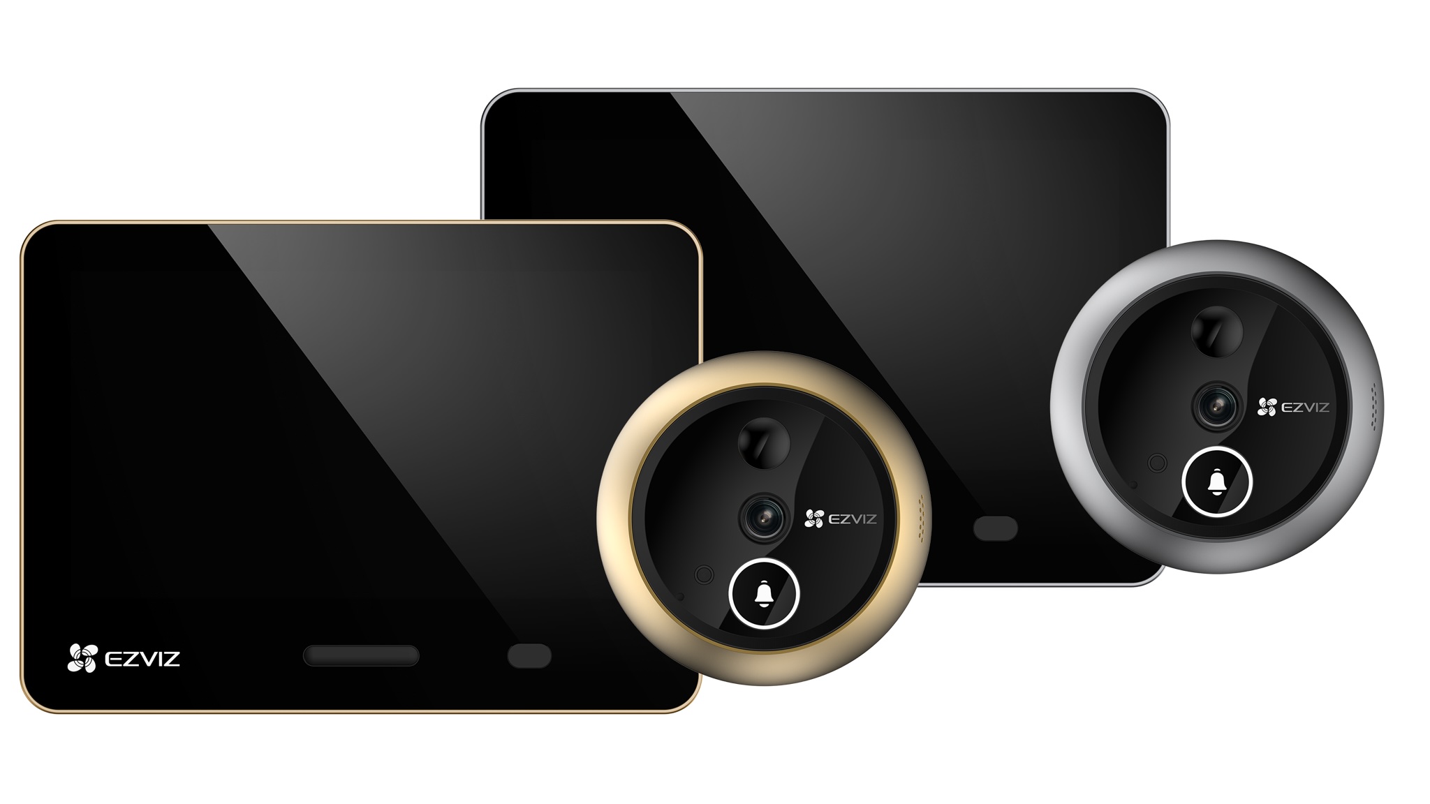 Product photo of the EZVIZ EP4 door peephole in silver and gold on a white background.