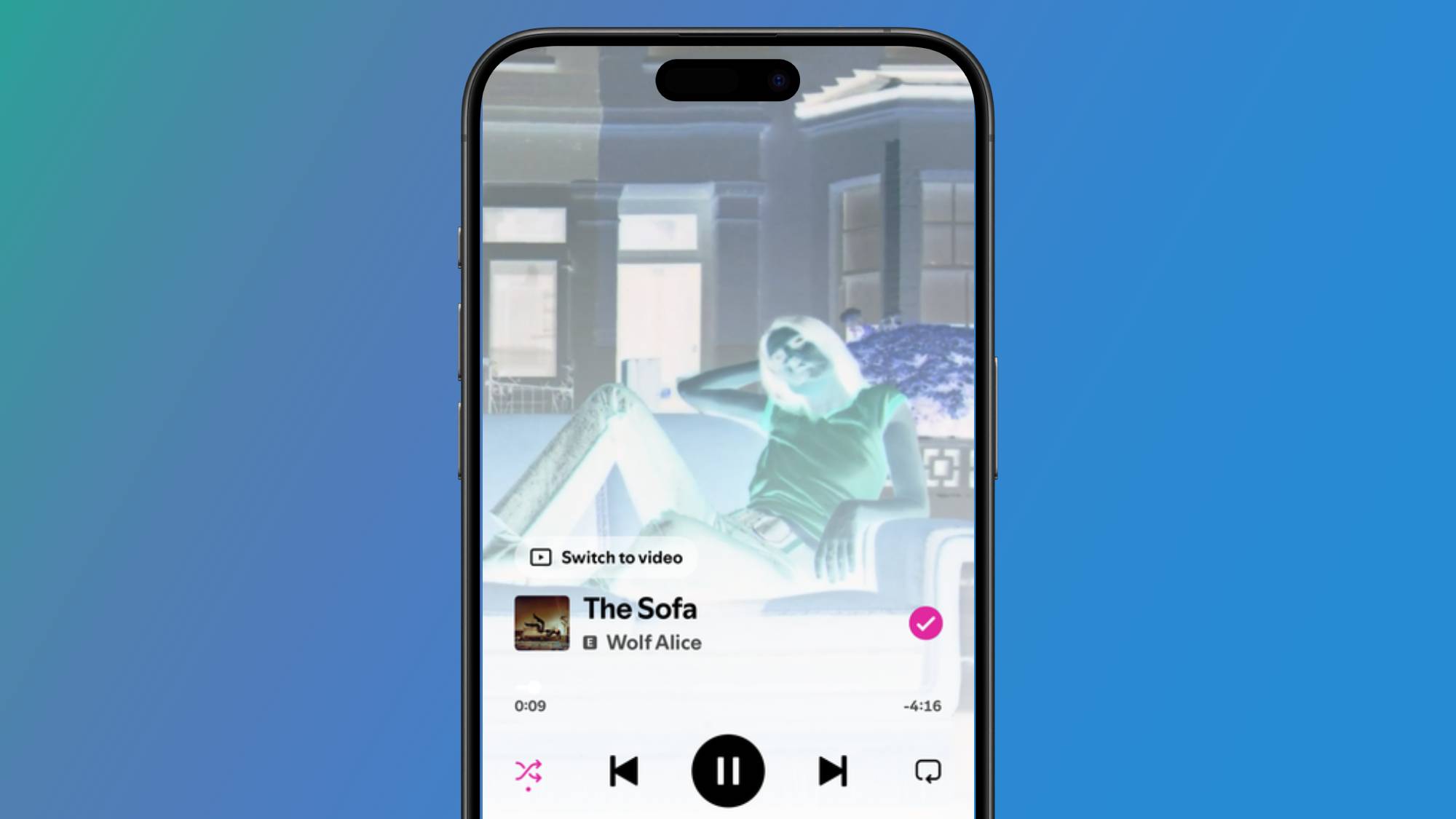A smartphone with Spotify in inverted colors