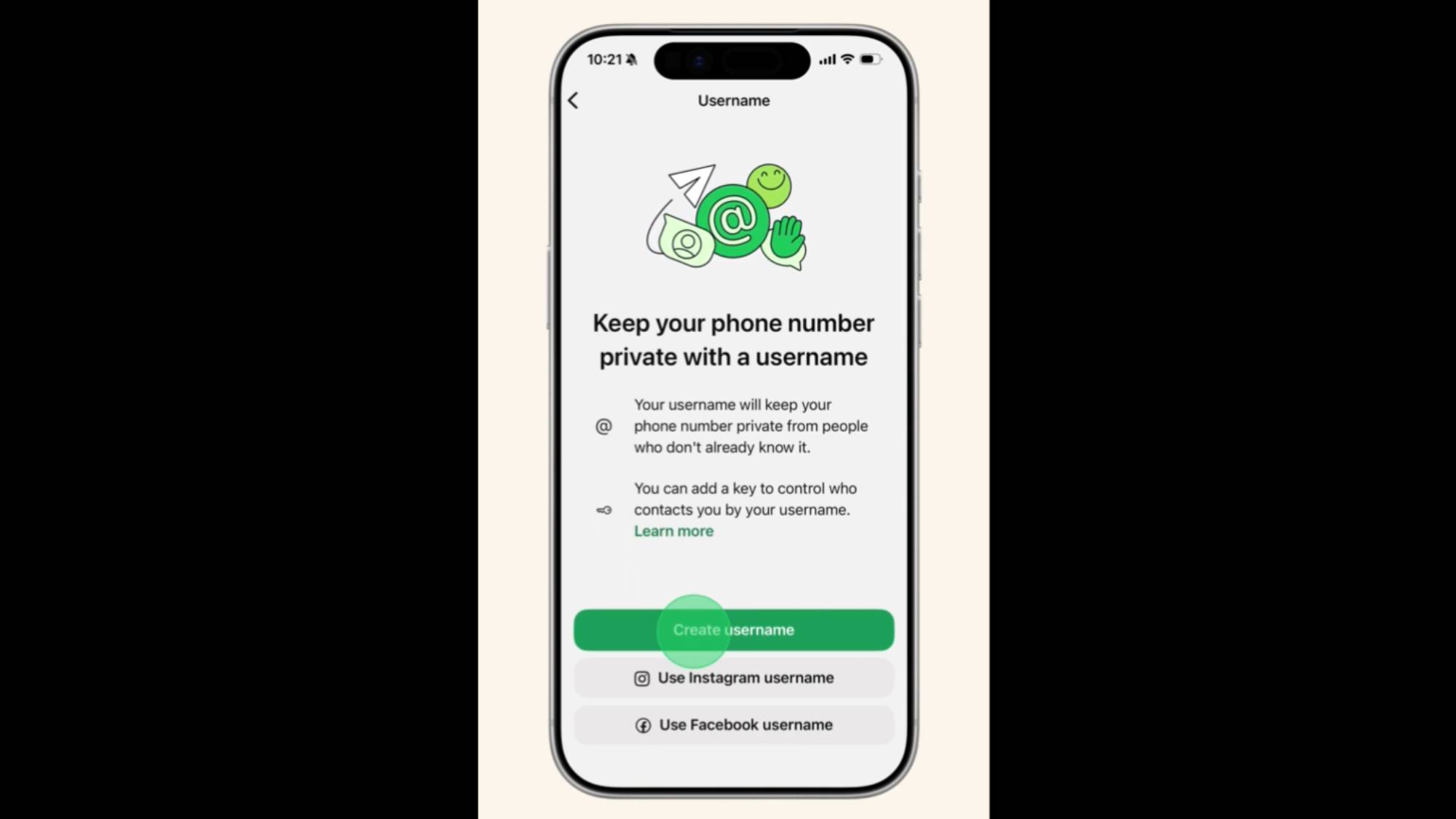 A smartphone showing how to reserve a username on WhatsApp