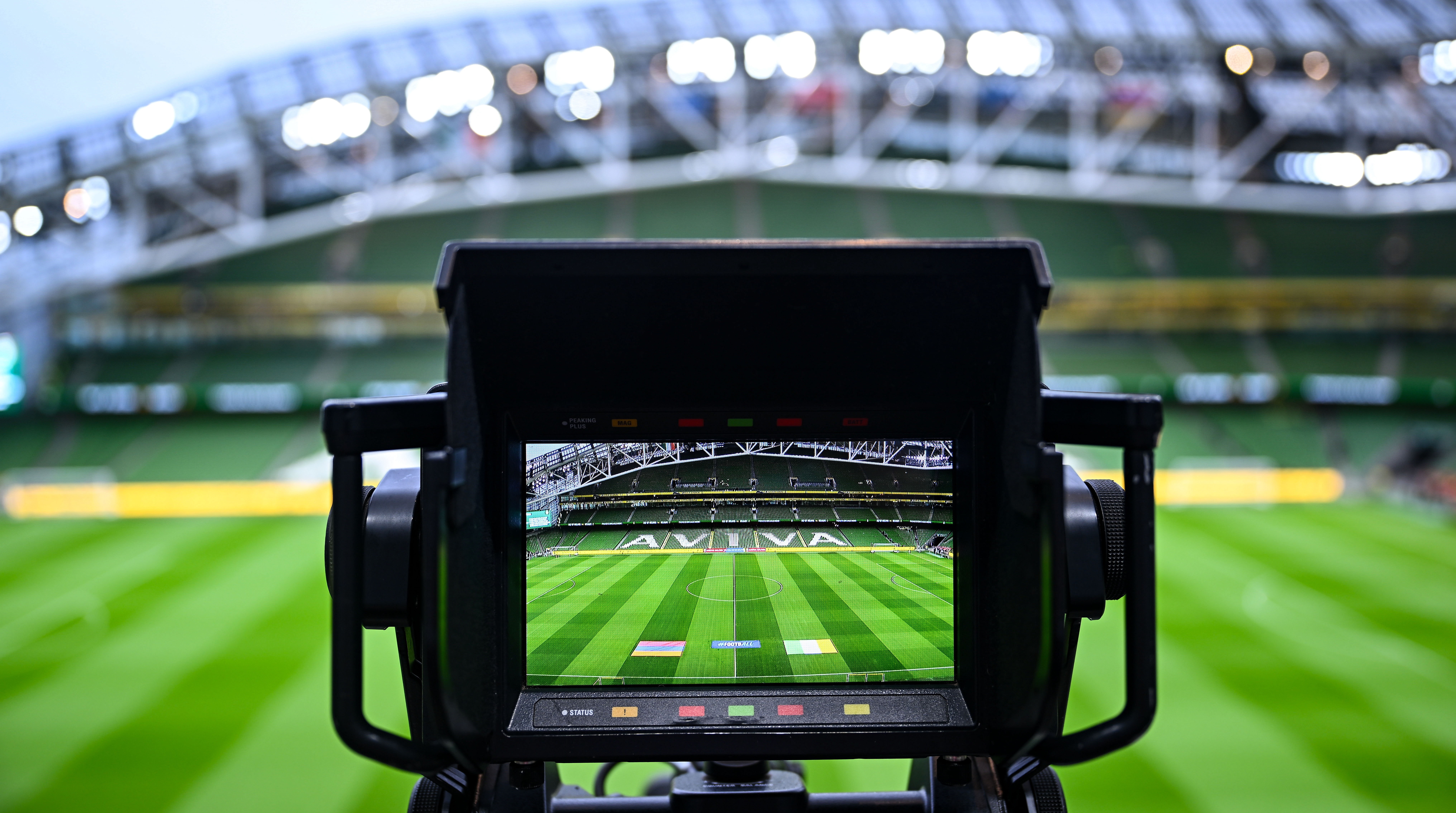 The broadcast team is seen before the 2026 FIFA World Cup Group F qualifying match between the Republic of Ireland and Armenia at the Aviva Stadium, Dublin. (Photo by Piaras & Oacute; M&ídheach/Sportsfile via Getty Images)
