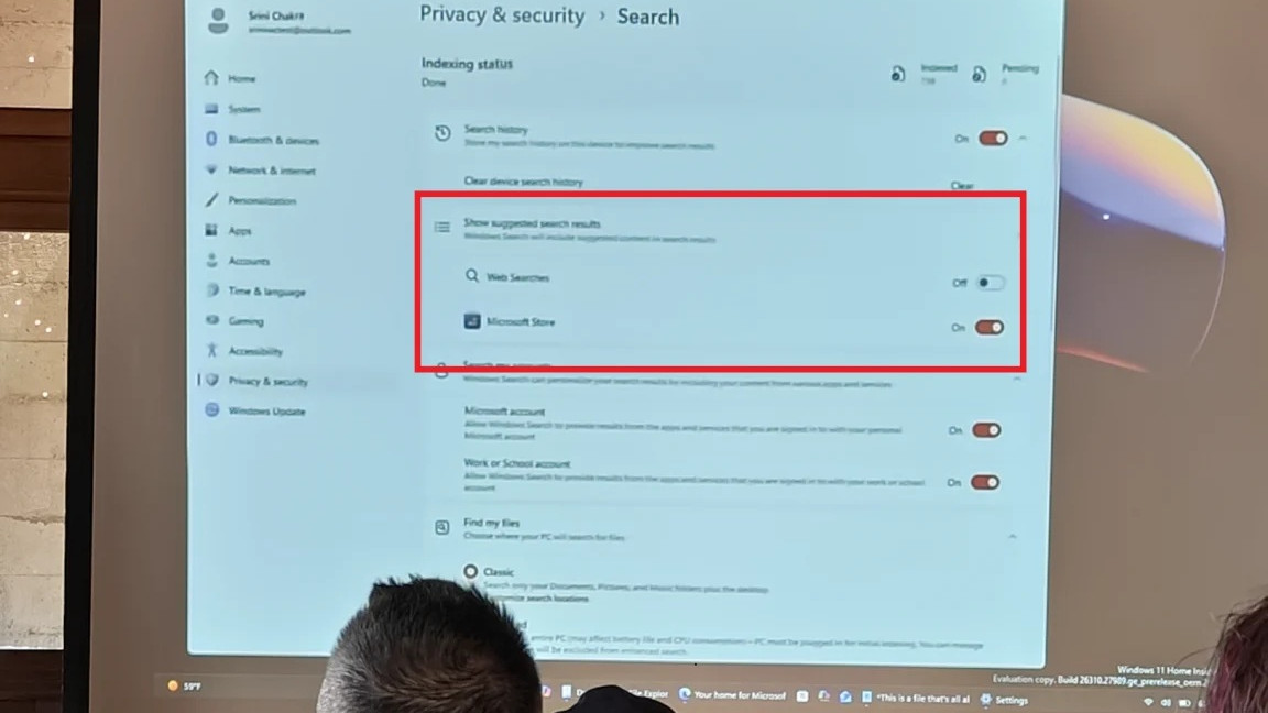Windows 11 option to disable web search results in Settings, displayed in a meeting on a projector screen