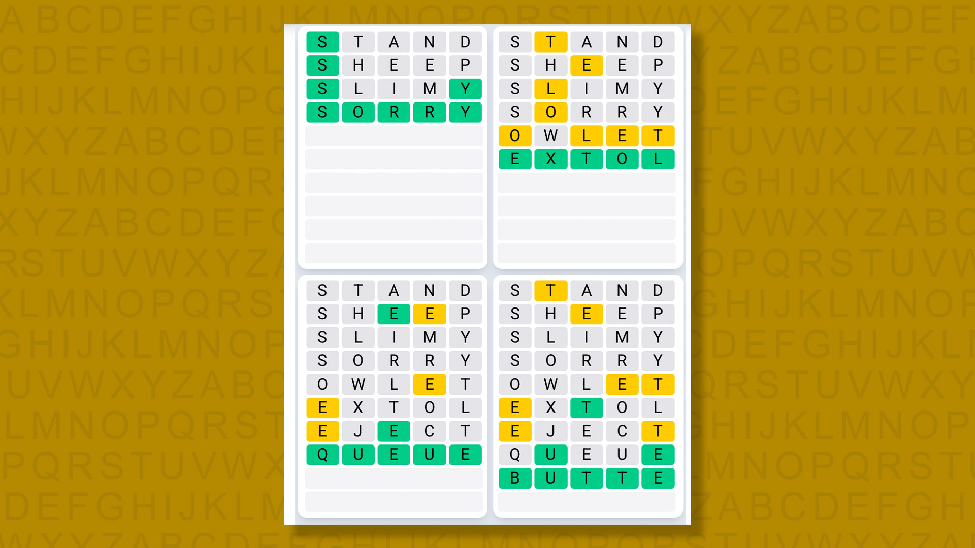 Quordle Daily Sequence Answers for Game #1619 on a Yellow Background