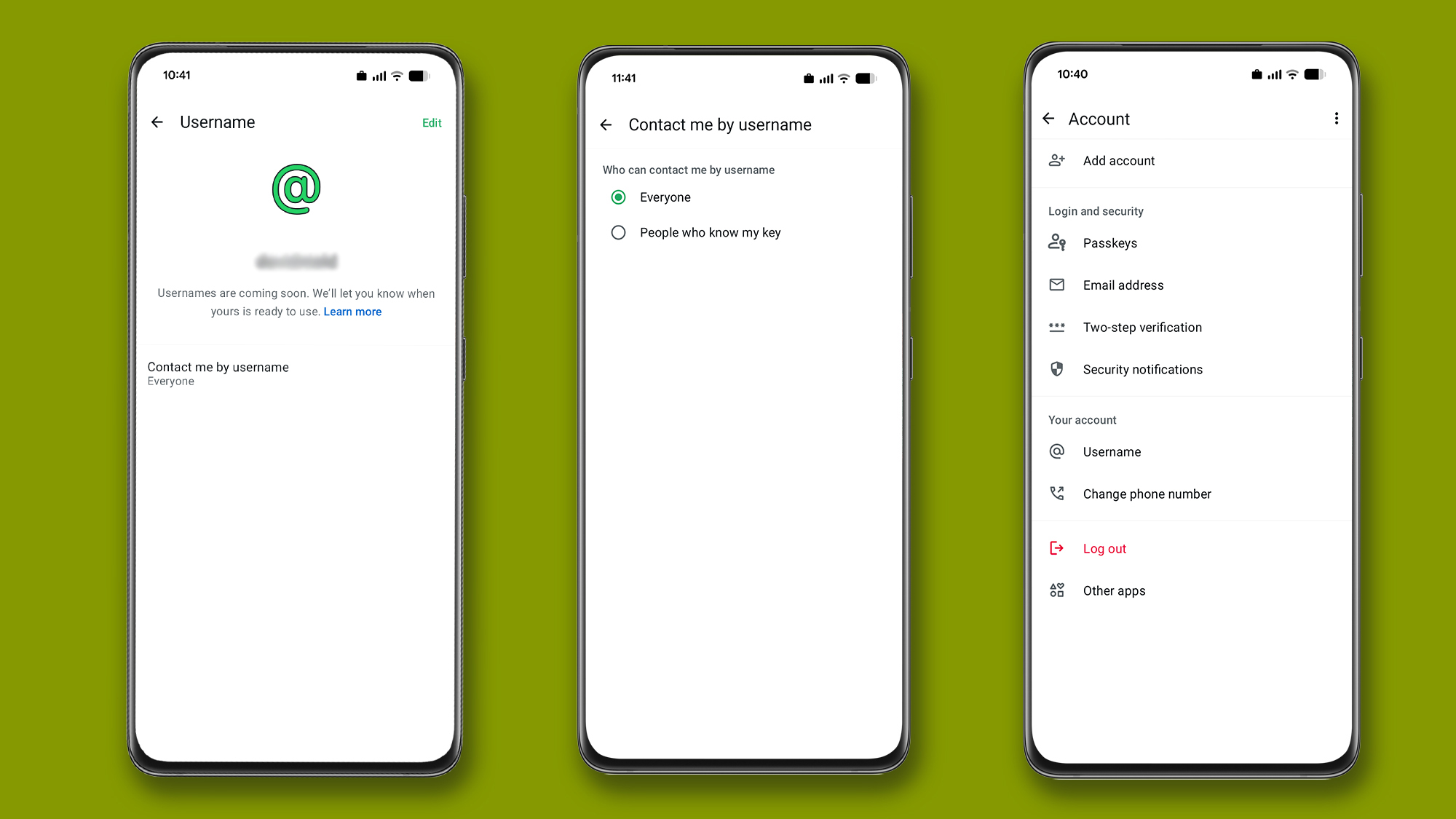 Three phones that show the process to reserve your WhatsApp username