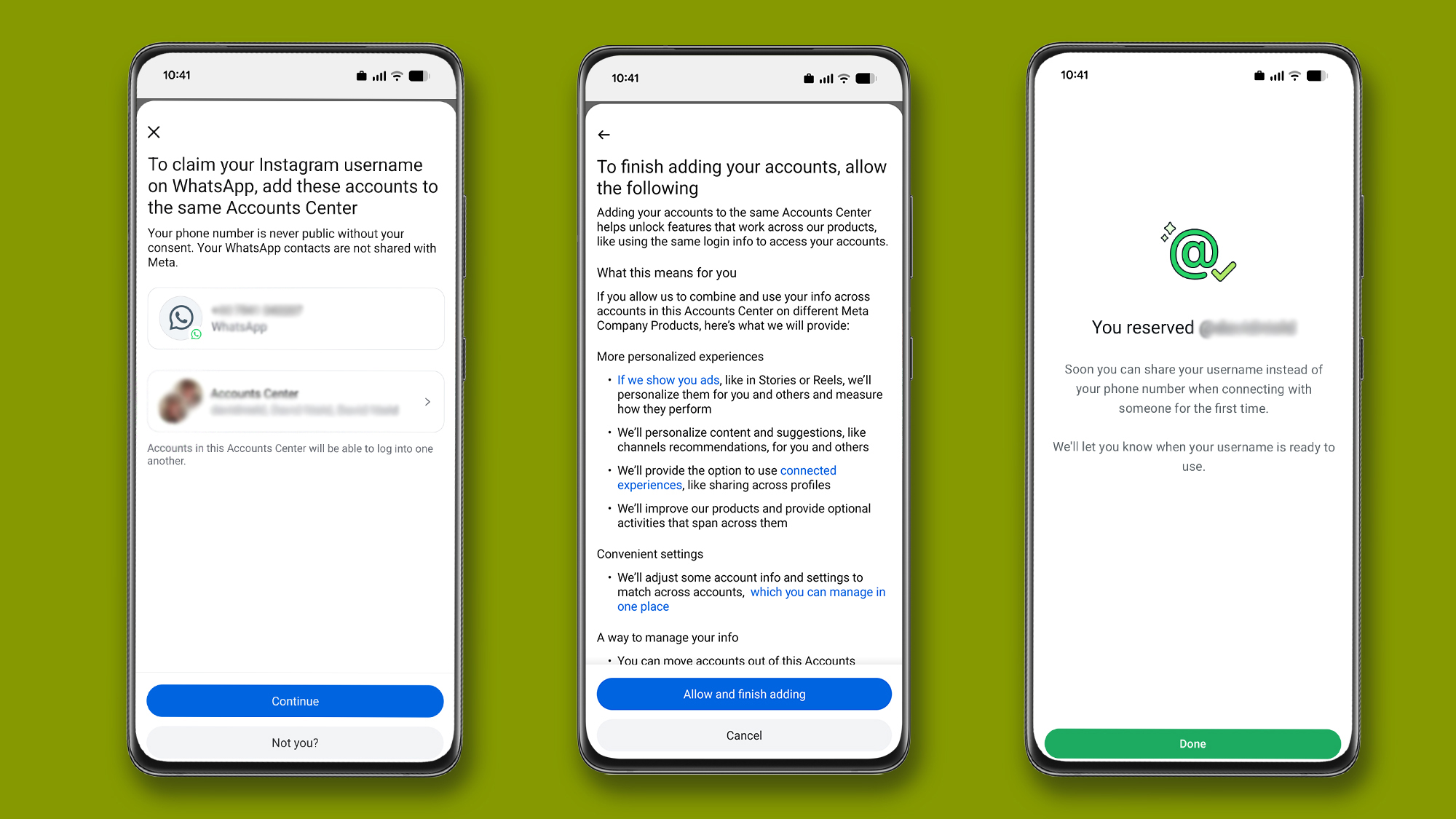 Three phones that show the process to reserve your WhatsApp username