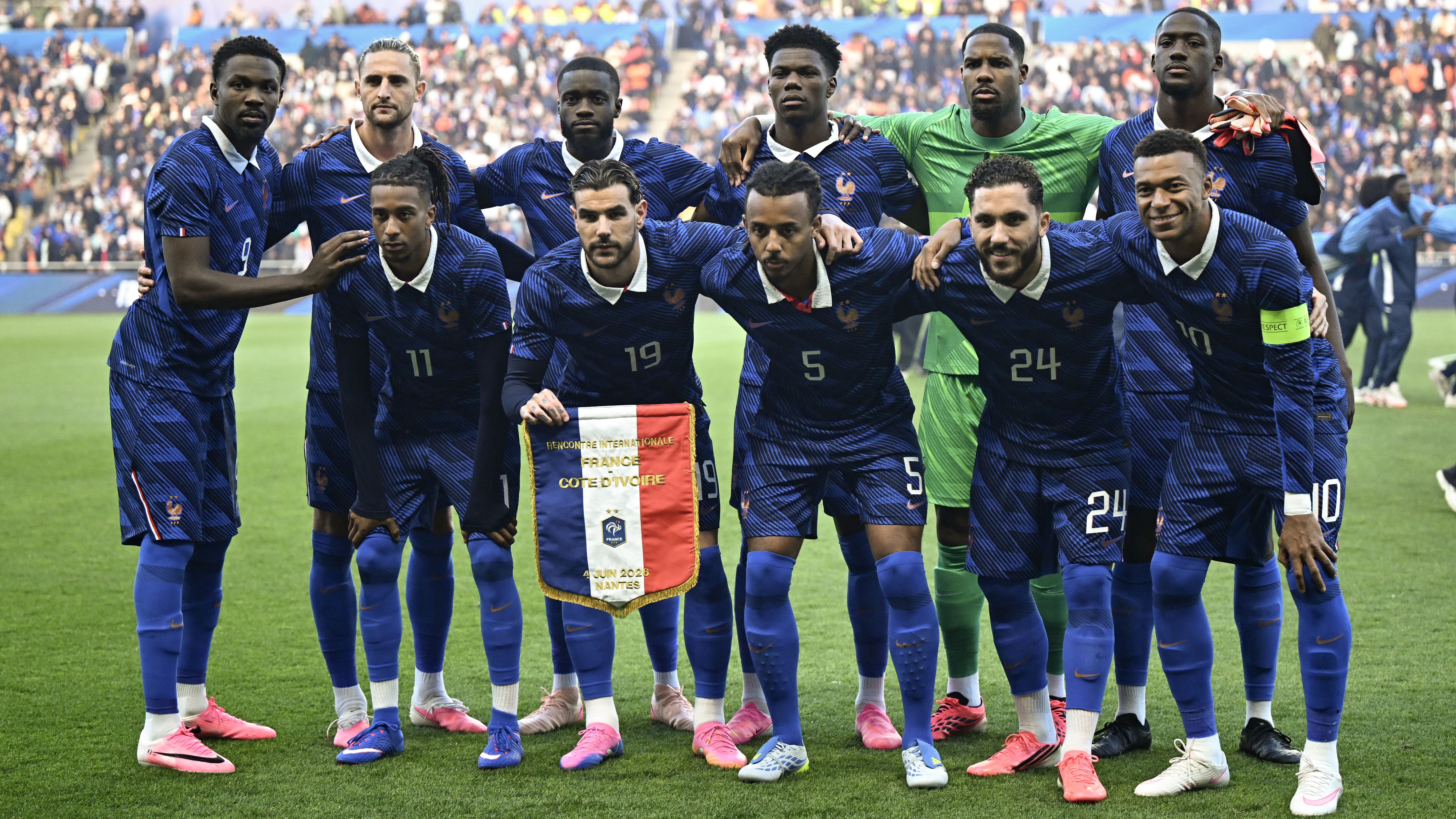 France players pose for a team photograph before the international friendly football match between France and Ivory Coast at the Stade de la Beaujoire in Nantes.