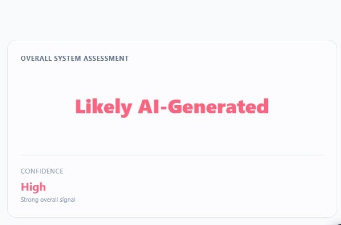 Screenshot of the University at Buffalo's DeepFake O Meter evaluating the video as likely AI-generated with high confidence.