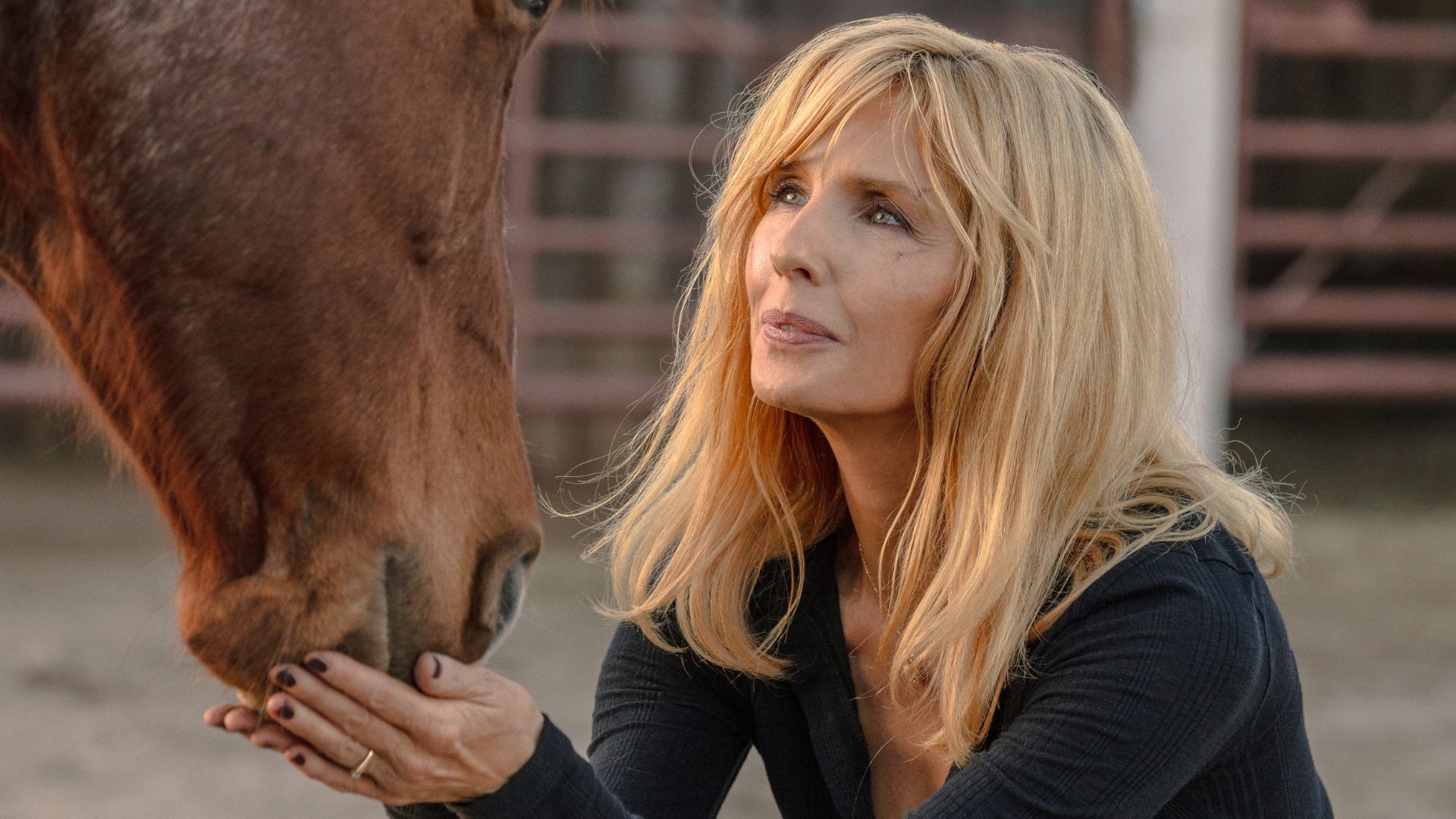 Beth Dutton feeds a horse with her hands