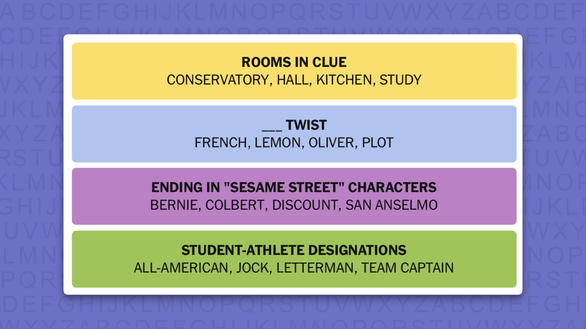 NYT Connections answers game 1122 on a purple background