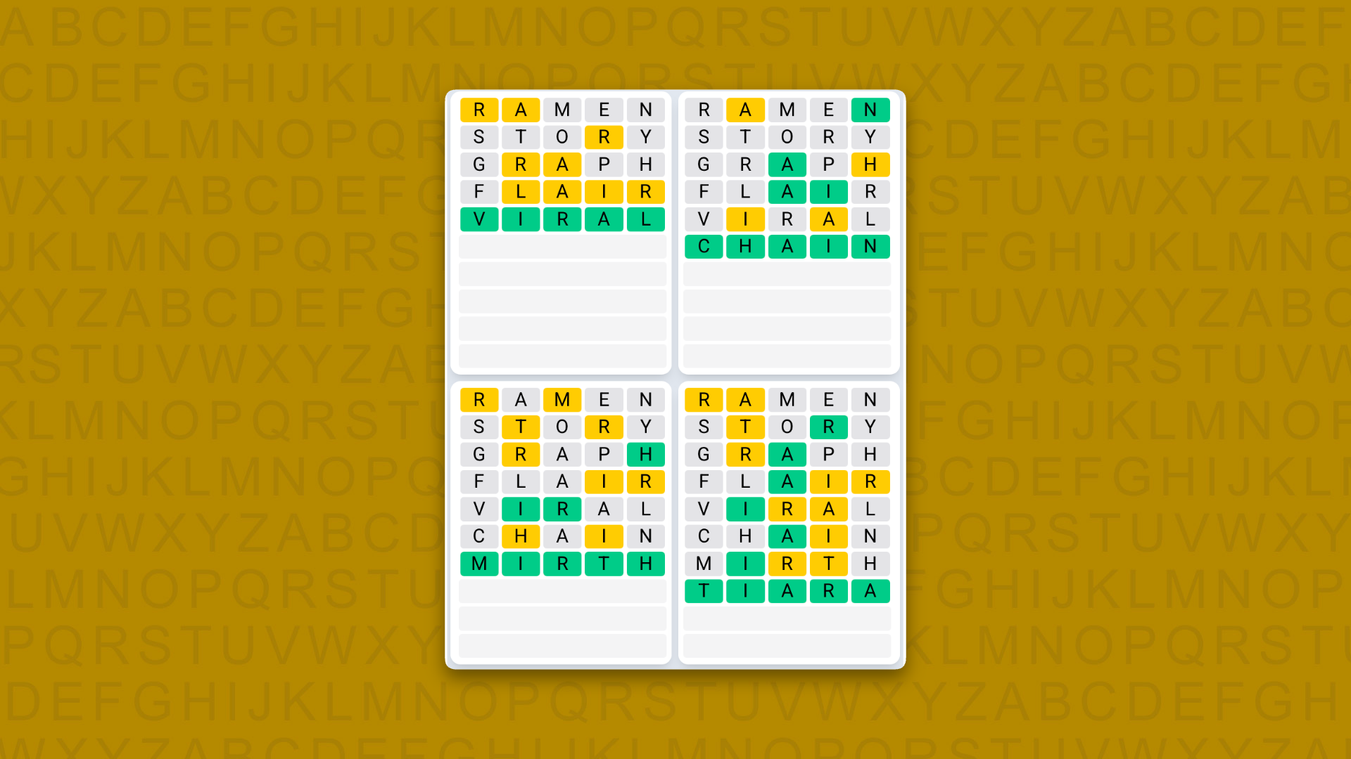 Quordle Daily Sequence answers for game 1625 on a yellow background
