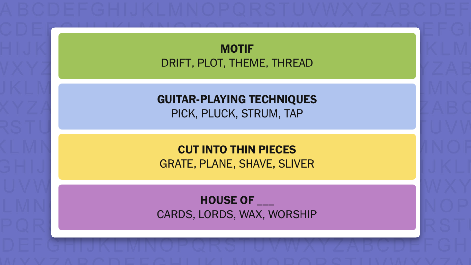 NYT Connections answers game 1123 on a purple background