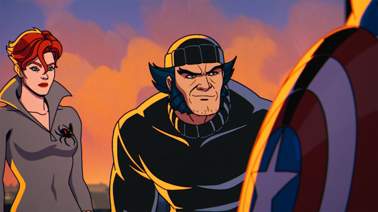 Black Widow and Wolverine staring at an off-camera Captain America in X-Men 97 season 2 episode 4