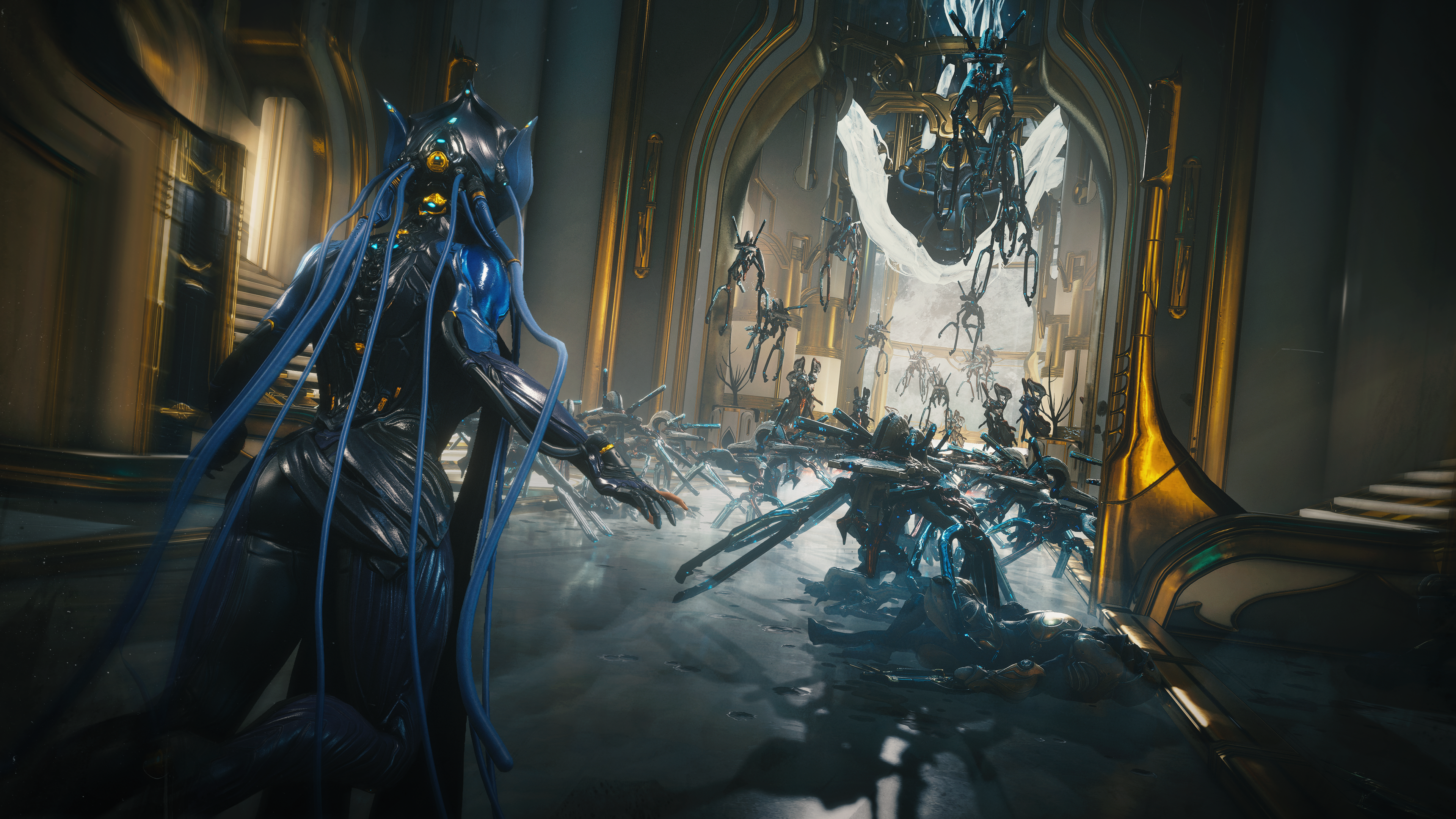 Screenshot from Warframe's Tau update, showing Lotus taking on an army of Sentients.