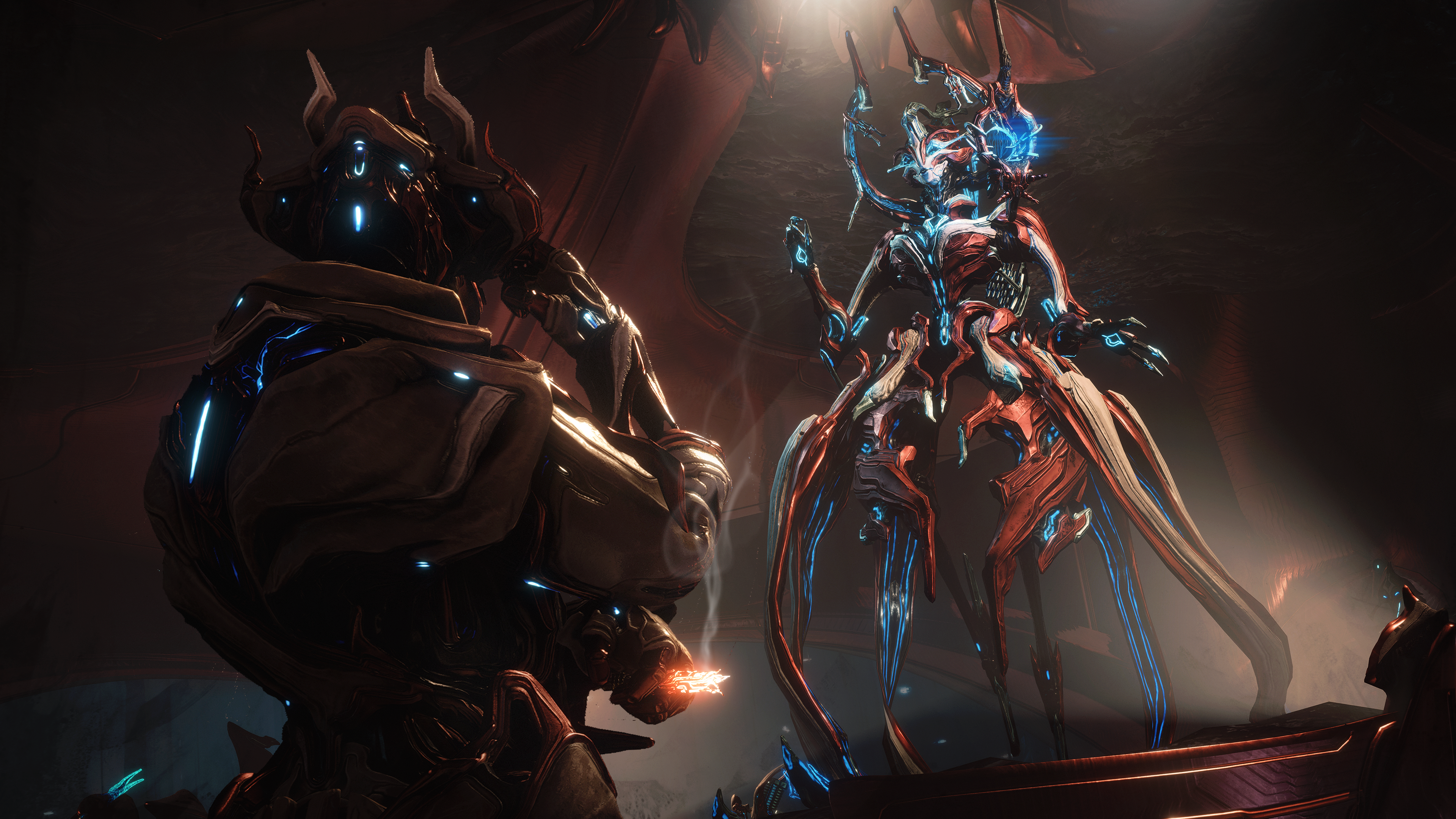 Screenshot from Warframe's Tau update, showing Brysko meeting the Sentient singer in Hunra's Nest.