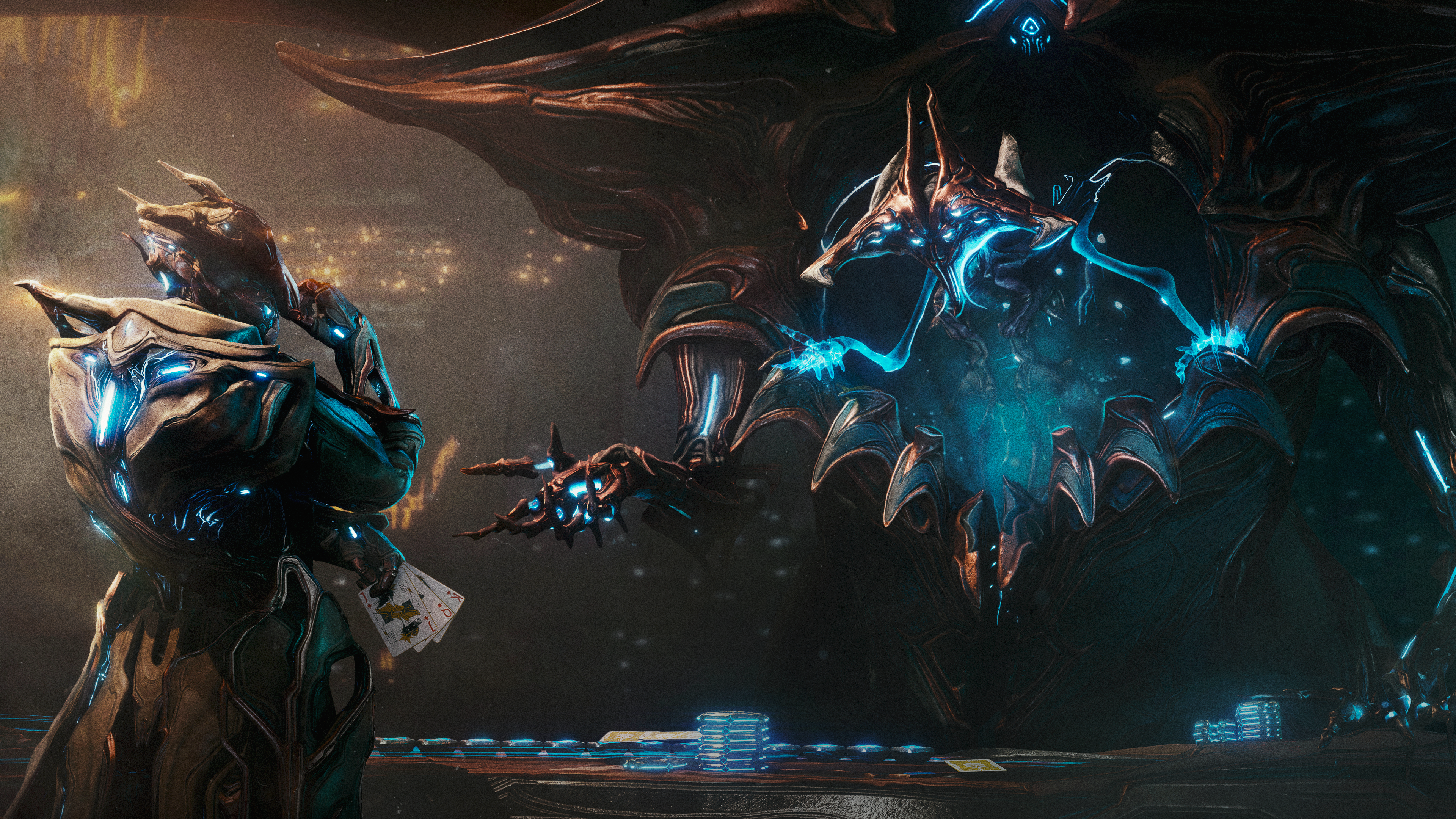 Screenshot from Warframe's Tau update, showing Brysko playing cards against Hunra.