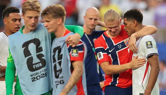 Norway's Erling Haaland hugs England's Jude Bellingham after the World Cup quarterfinals at Miami Stadium in Miami Gardens, Florida, on July 11, 2026, as England advances to the semifinals. – Reuters