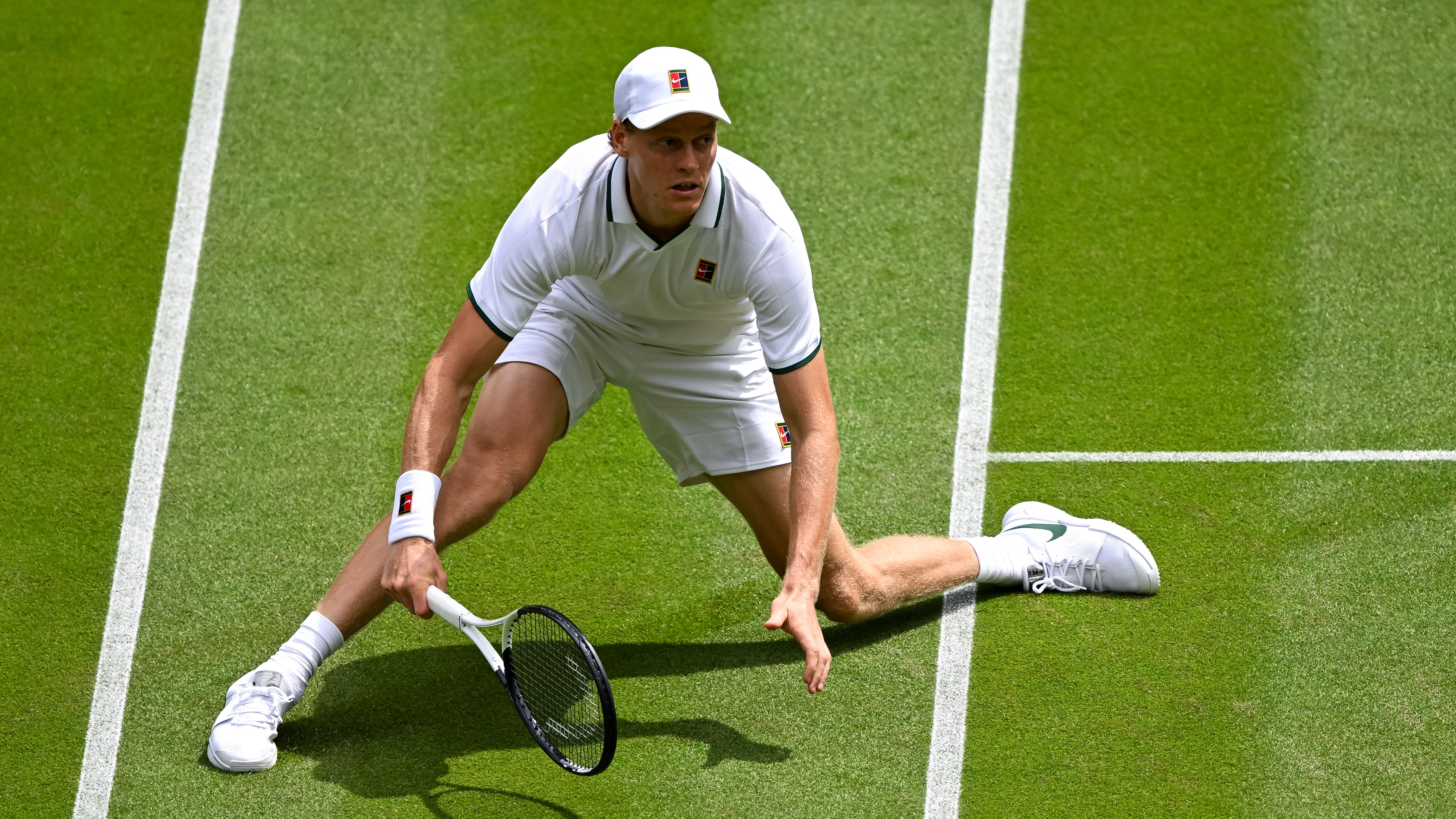 Jannik Sinner of Italy in action against Nuno Borges of Portugal during the men's singles second round match on day three of the 2026 Wimbledon Championships