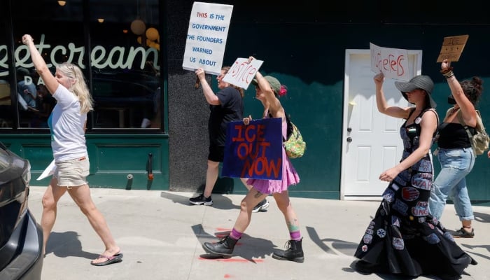 People take part in a protest after a shooting involving US Immigration and Customs Enforcement (Ice) in Biddeford, Maine, US, July 13, 2026. – Reuters