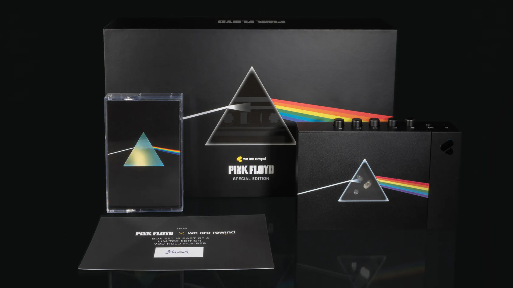 The Pink Floyd x We Are Rewind cassette player and its packaging, showing the box containing the player, album cassette and certificate.