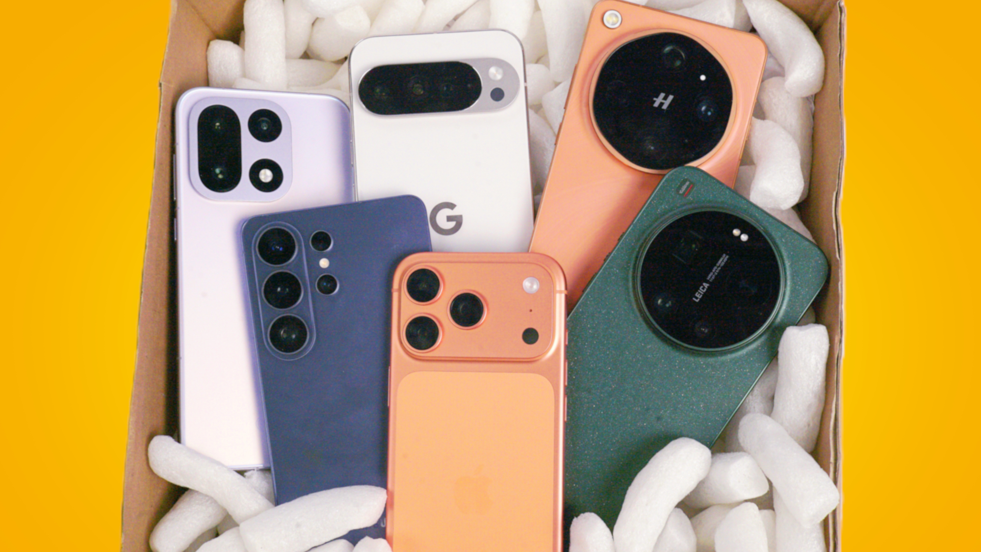 A selection of the best phones in a cardboard box.