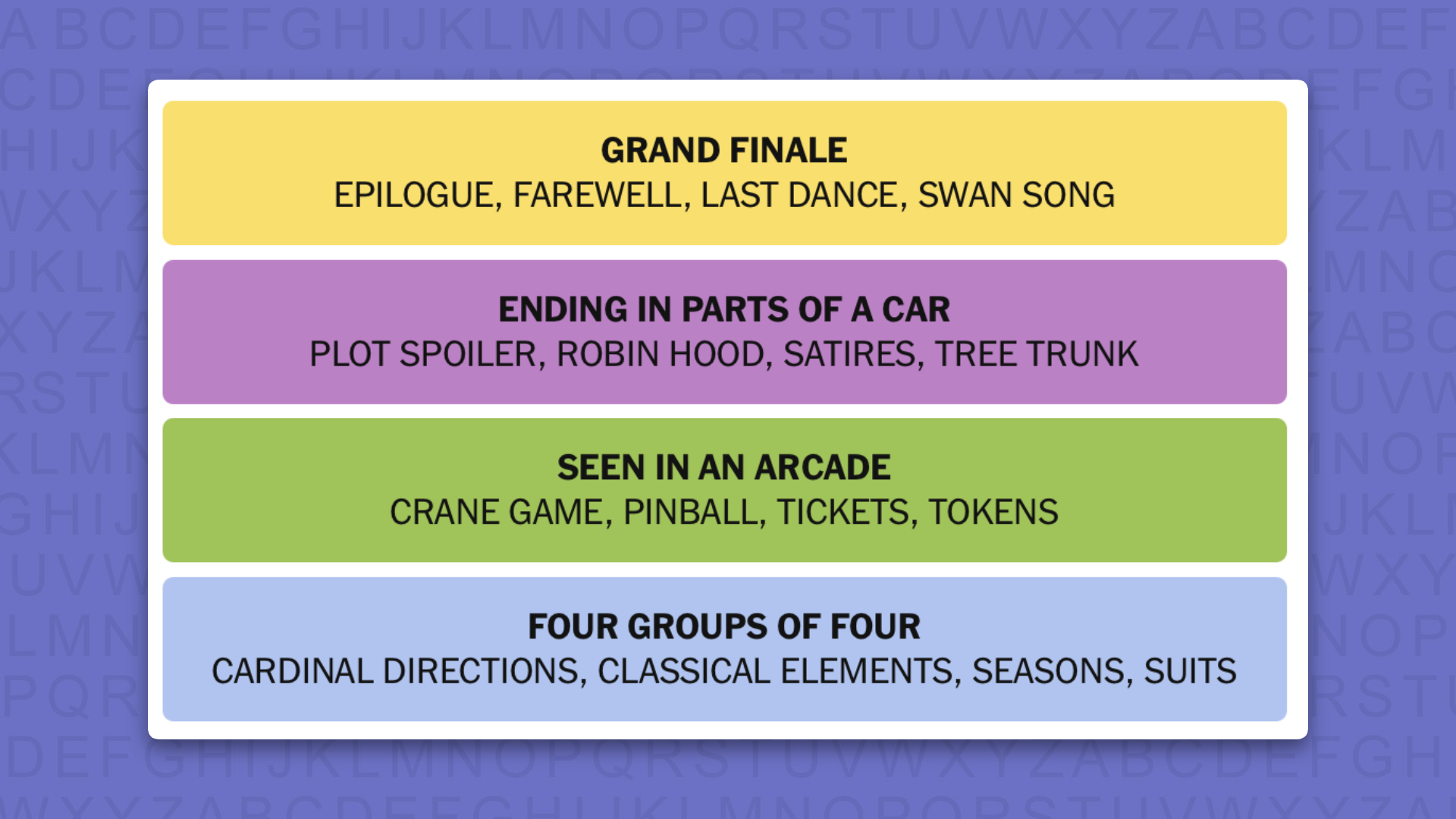 NYT Connections answers game 1132 on a purple background