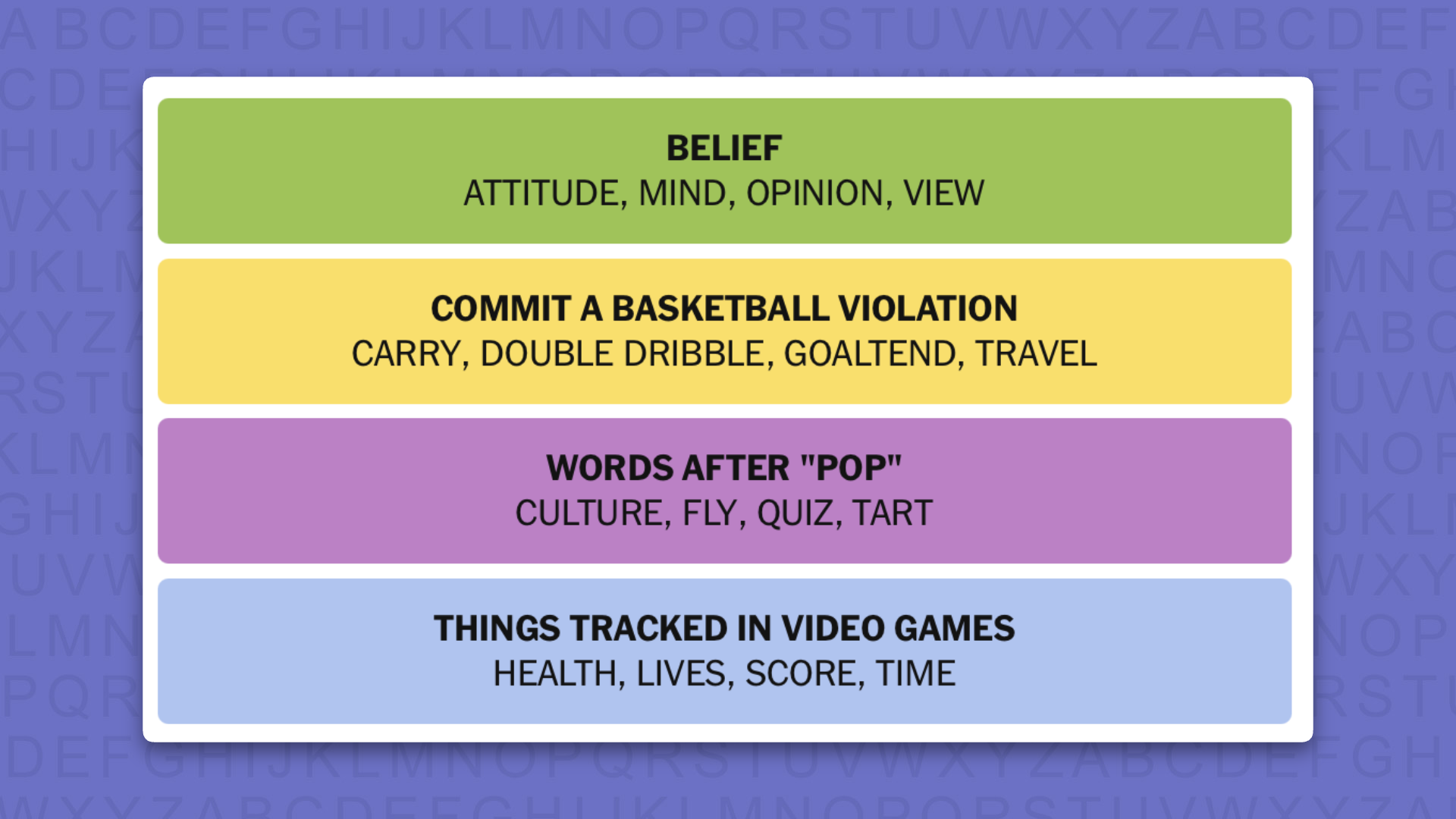 NYT Connections answers game 1133 on a purple background