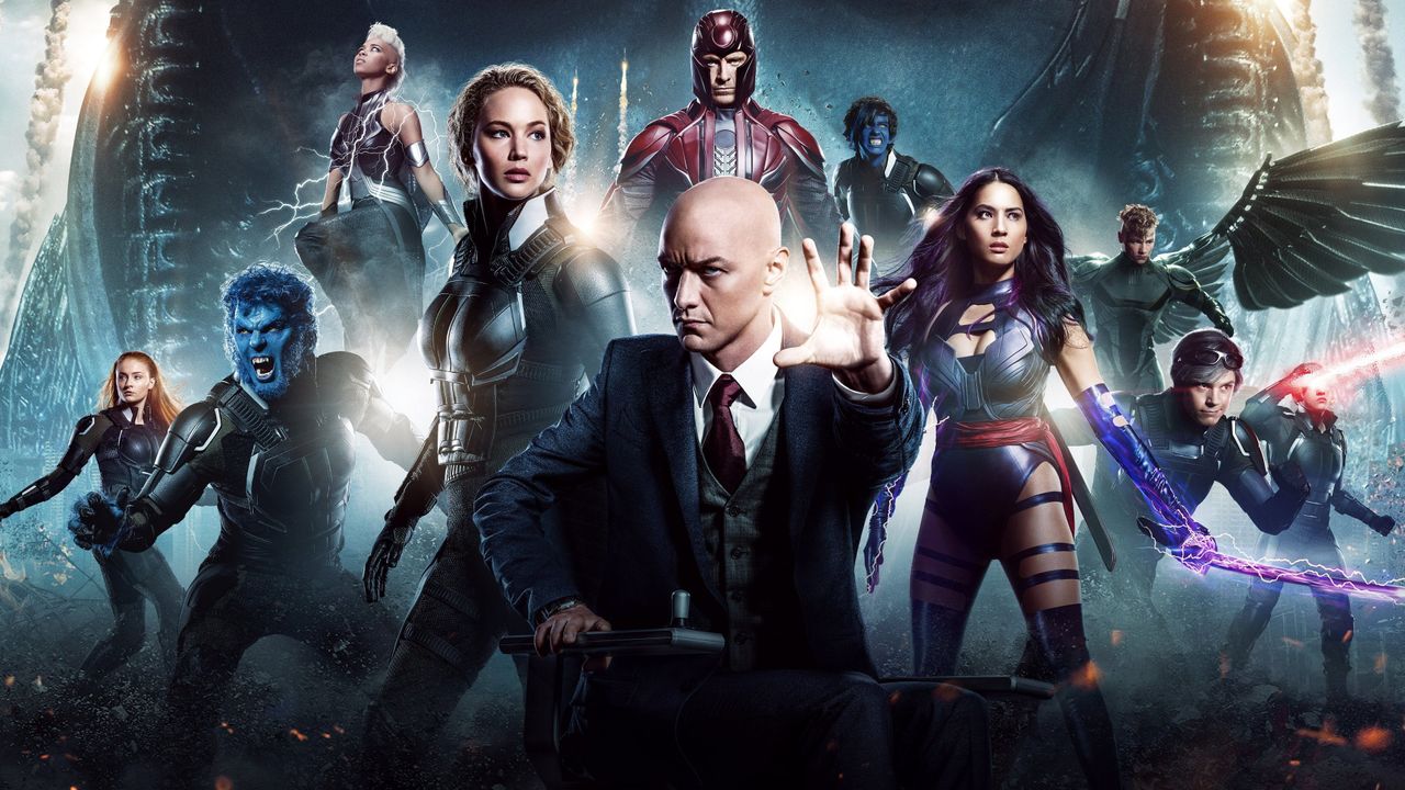 A promotional image of the main cast of X-Men: Apocalypse, including Professor X and Magneto.