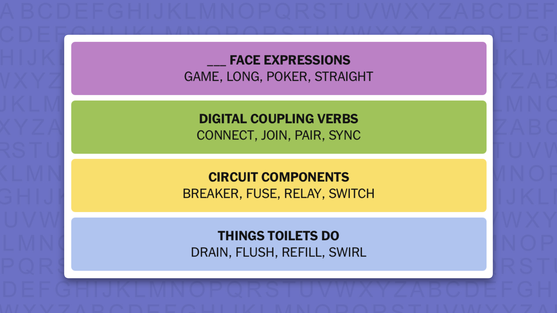 NYT Connections answers game 1134 on a purple background