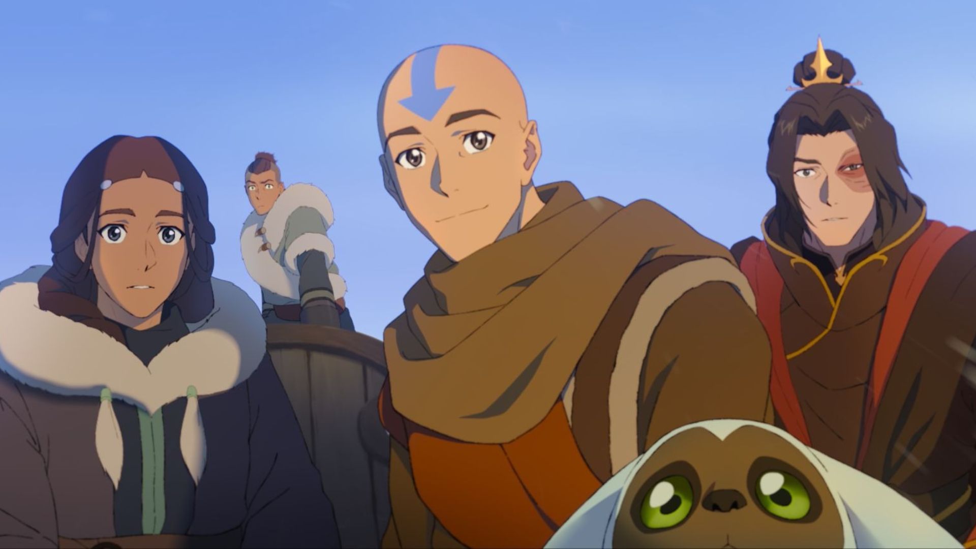 Aang, Katara, Sokka, and Zuko look at something off-screen.