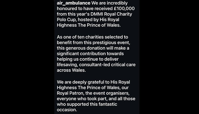 Welsh Air Ambulance thanks Prince William for his 'life-saving support'
