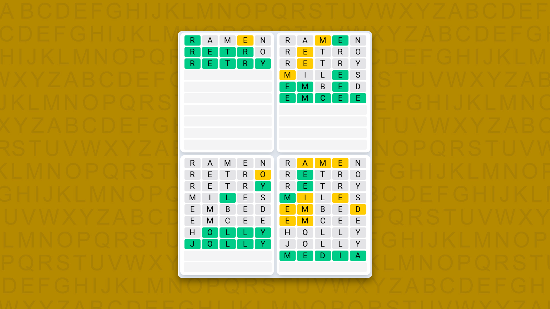 Quordle Daily Sequence answers for game 1638 on a yellow background