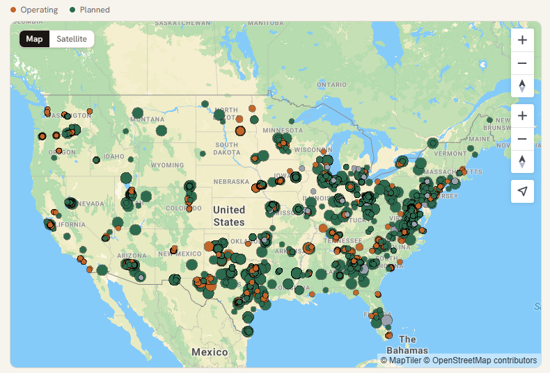 A map showing planned and completed data center projects in the US.