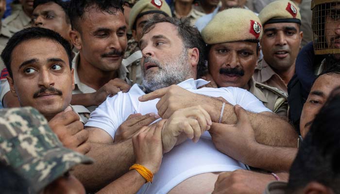 Indian opposition leader Rahul Gandhi is detained by police during a sit-in protest outside Prime Minister Narendra Modi's residence, demanding accountability for police action against students, in New Delhi, India, July 21, 2026. – Reuters