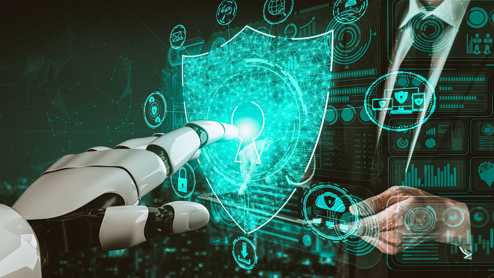 A robot hand touching a locked digital shield that prevents a human from accessing data