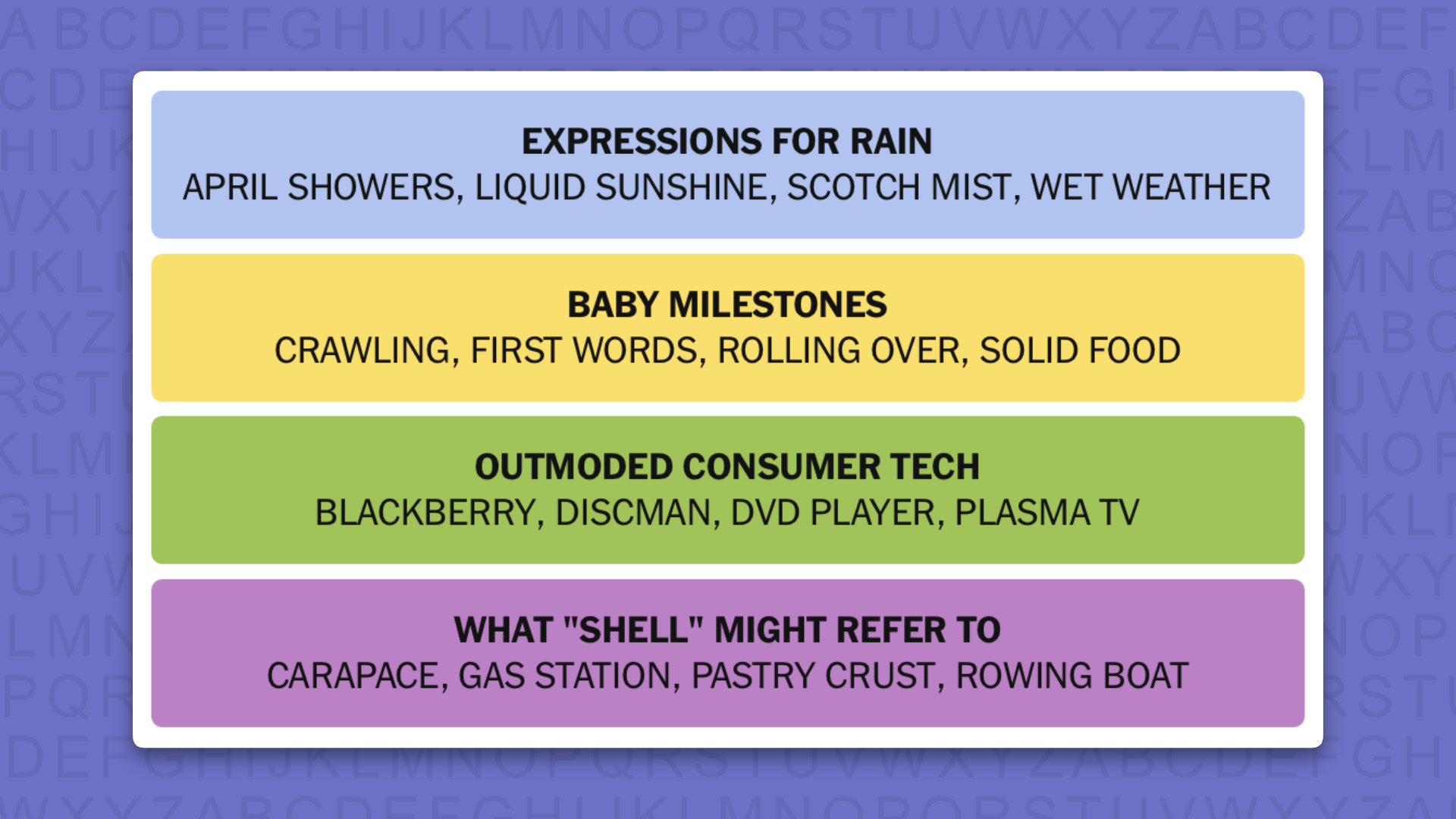 NYT Connections answers game 1141 on a purple background
