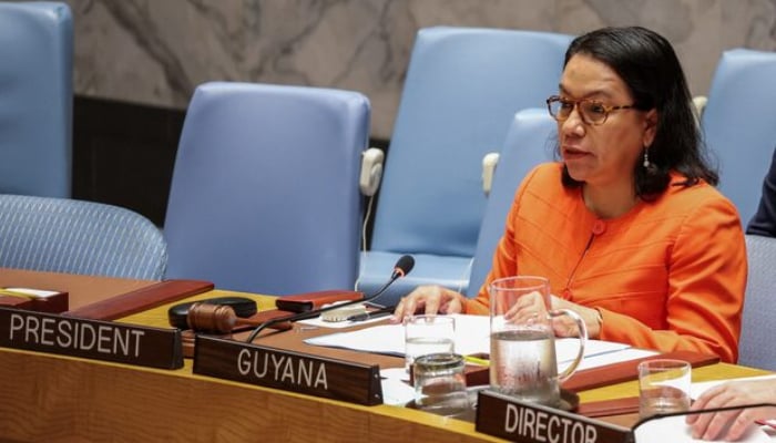Guyana's ambassador to the UN Carolyn Rodrigues Birkett speaks during a UNSC meeting on conflicts in the Middle East at UN headquarters in New York City, US, June 30, 2025. – Reuters