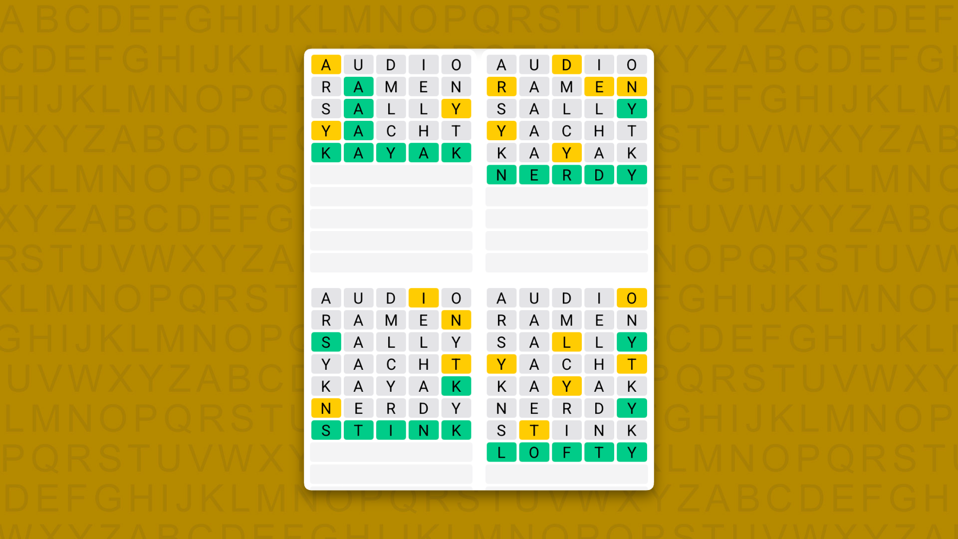 Quordle Daily Sequence answers for game 1648 on a yellow background
